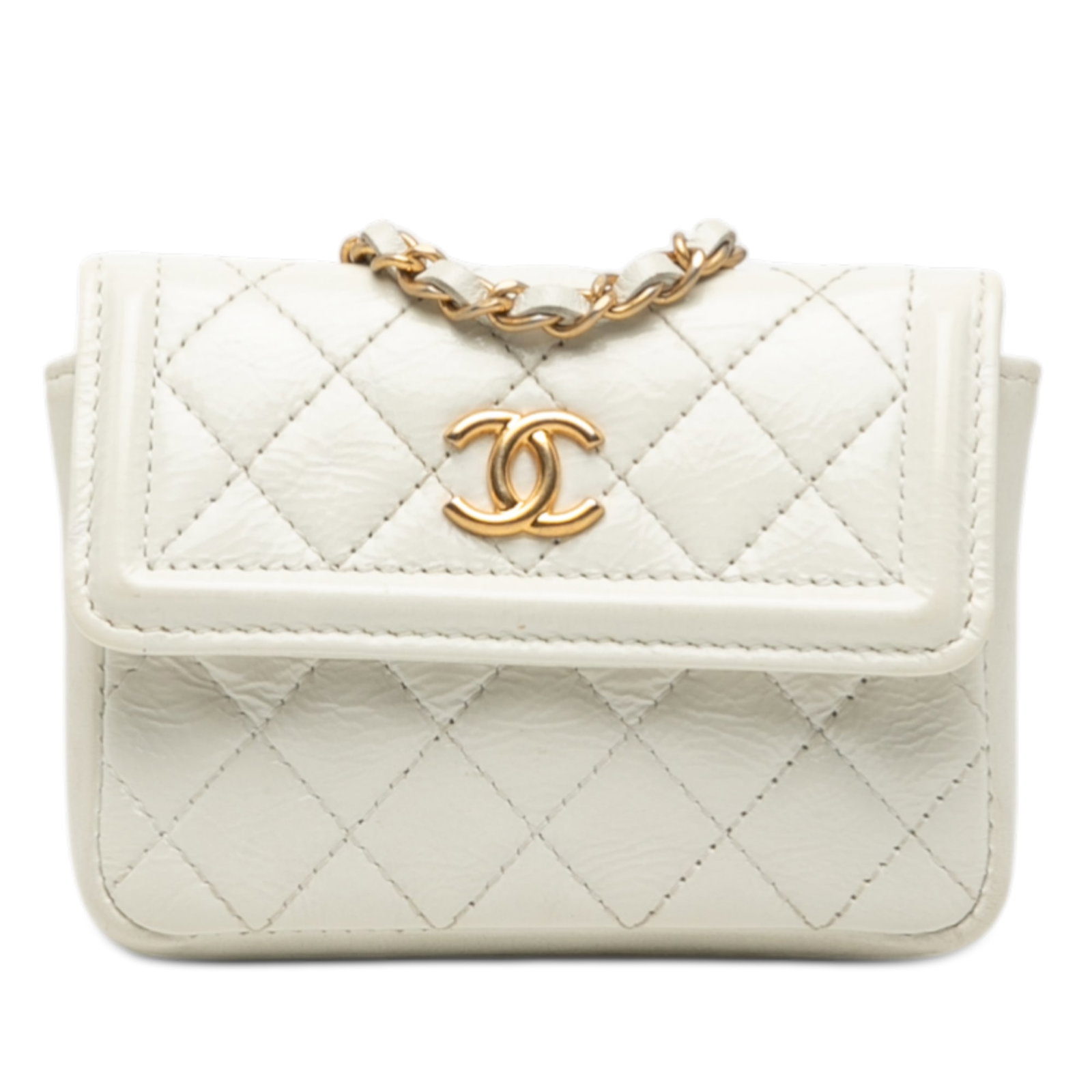 Chanel White Quilted Leather Mini Belt Bag with Gold Chain Strap: Chanel White Quilted Leather Mini Belt Bag with Gold Chain Strap This Chanel Mini CC Shiny Aged Calfskin Waist Bag features a quilted leather body in white, a gold-tone leather-woven chain link strap,
