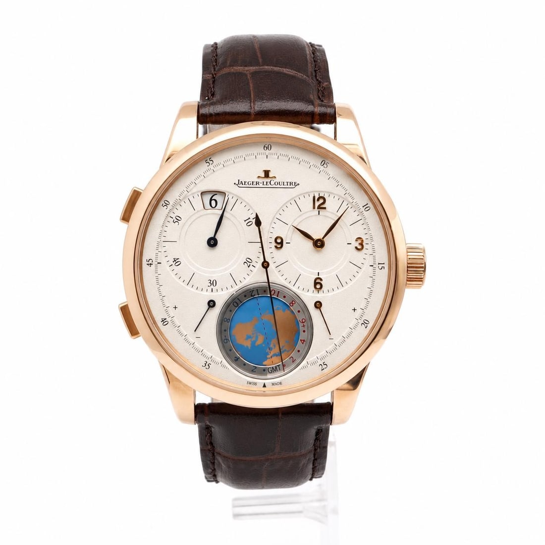 Jaeger-LeCoultre Duometre Unique Travel Time rose gold manual watch: Jaeger-LeCoultre Duometre Unique Travel Time rose gold manual watch This Jaeger-LeCoultre Duometre Unique Travel Time wristwatch is a luxury timepiece designed for men. It features a manual movement w