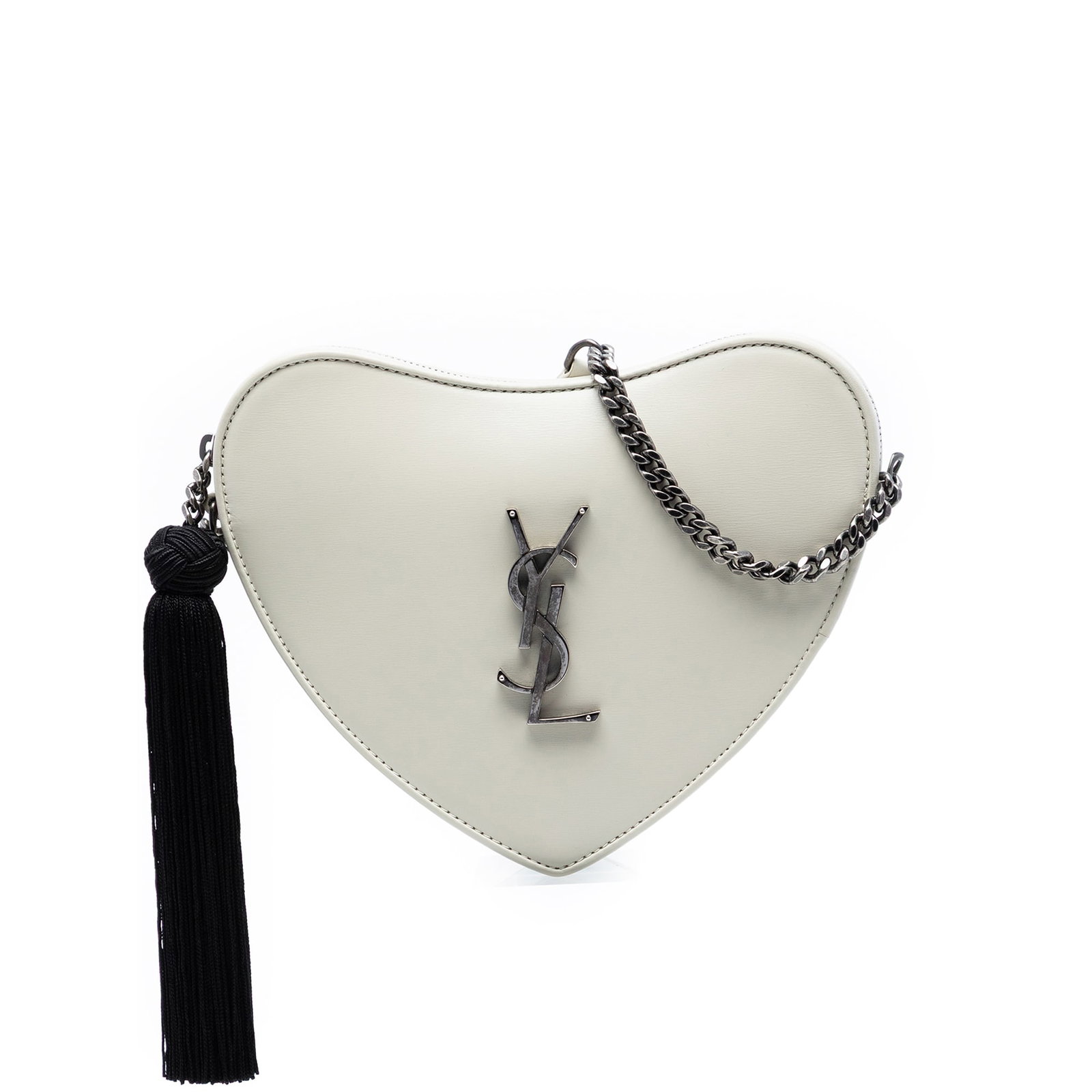 Saint Laurent white leather heart tassel crossbody bag: Saint Laurent white leather heart tassel crossbody bag This Saint Laurent Leather Monogram Heart Tassel Crossbody bag features a white leather body with a distinctive heart-shaped silhouette, accented
