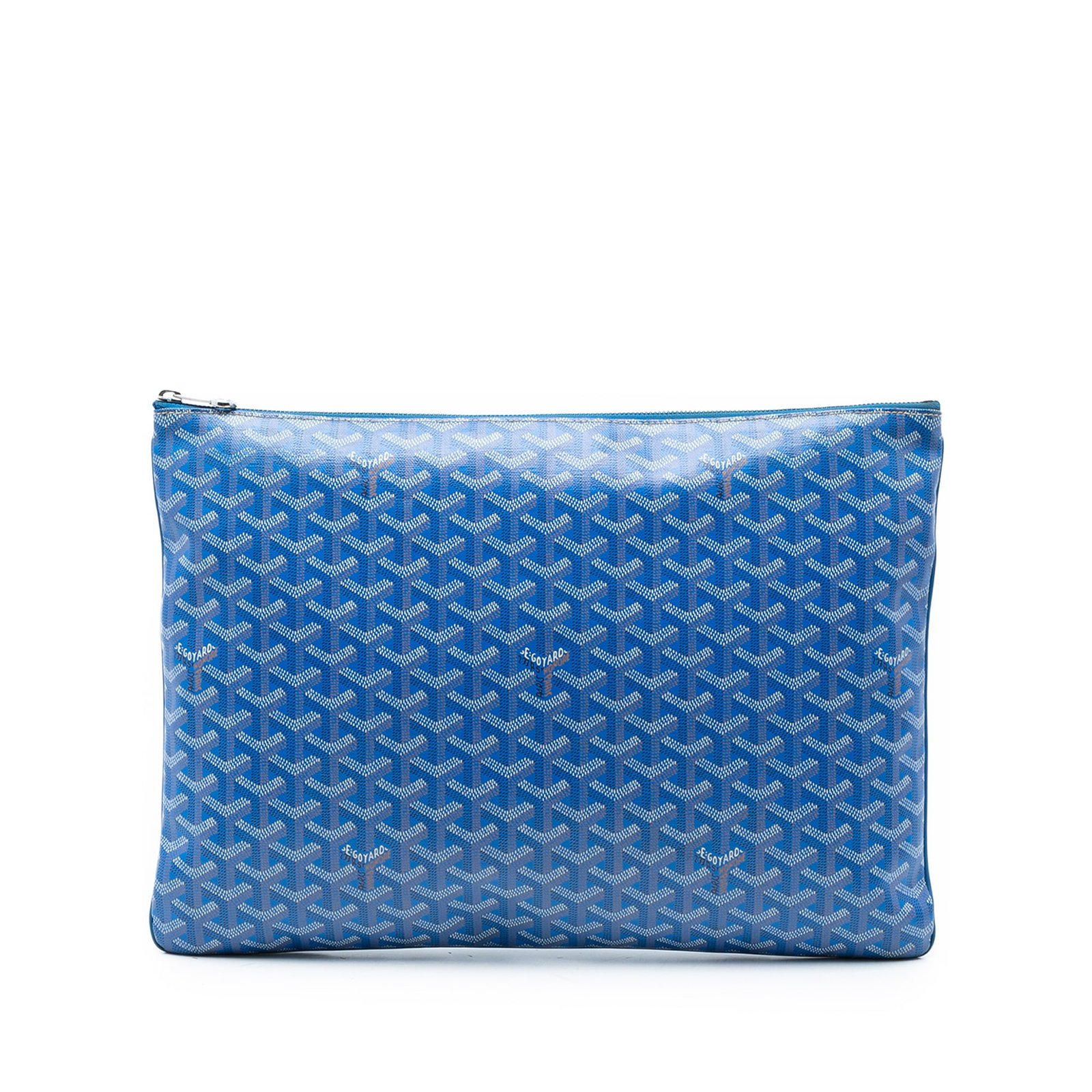 Goyard Goyardine Senat GM blue coated canvas zip pouch: Goyard Goyardine Senat GM blue coated canvas zip pouch The Goyardine Senat GM is a sophisticated pouch crafted with a blue coated canvas body. It features a top zip closure and an interior slip pocket