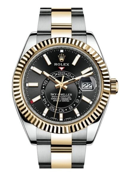 Rolex SkyDweller black dial Oyster bracelet ref 326933 2018: Rolex SkyDweller black dial Oyster bracelet ref 326933 2018 This Rolex Sky-Dweller features a striking black dial, fluted bezel, and is paired with the signature Oyster bracelet. The watch is the 2018