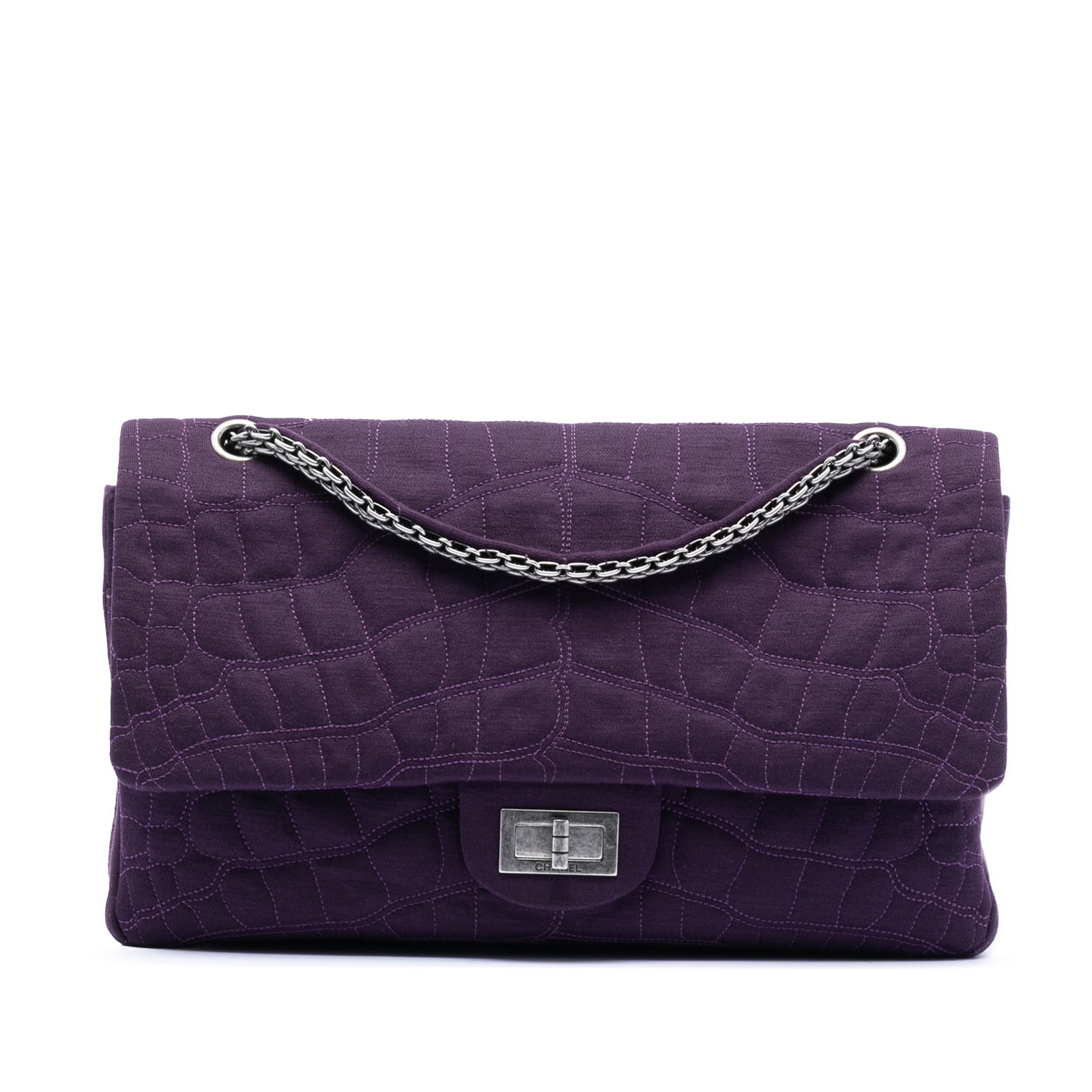 Chanel Reissue 2.55 227 Purple Quilted Jersey Double Flap Shoulder Bag: Chanel Reissue 2.55 227 Purple Quilted Jersey Double Flap Shoulder Bag This Chanel Quilted Jersey Coco Croc Reissue 2.55 Double Flap 227 features a quilted jersey body in purple, chain link and jersey