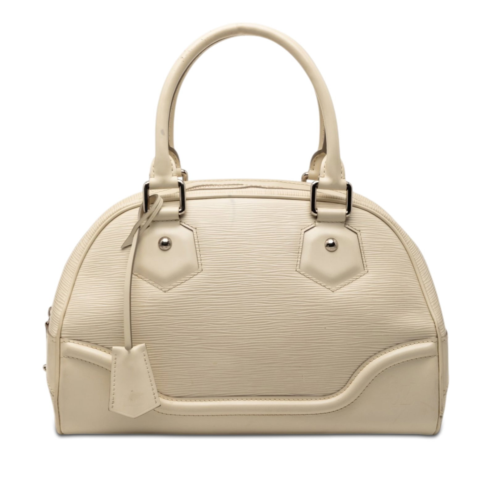 Louis Vuitton Epi leather Bowling Montaigne PM bag: Louis Vuitton Epi leather Bowling Montaigne PM bag This Louis Vuitton Epi Bowling Montaigne PM bag features a structured body crafted from Epi leather with smooth leather trim. It is designed with rol