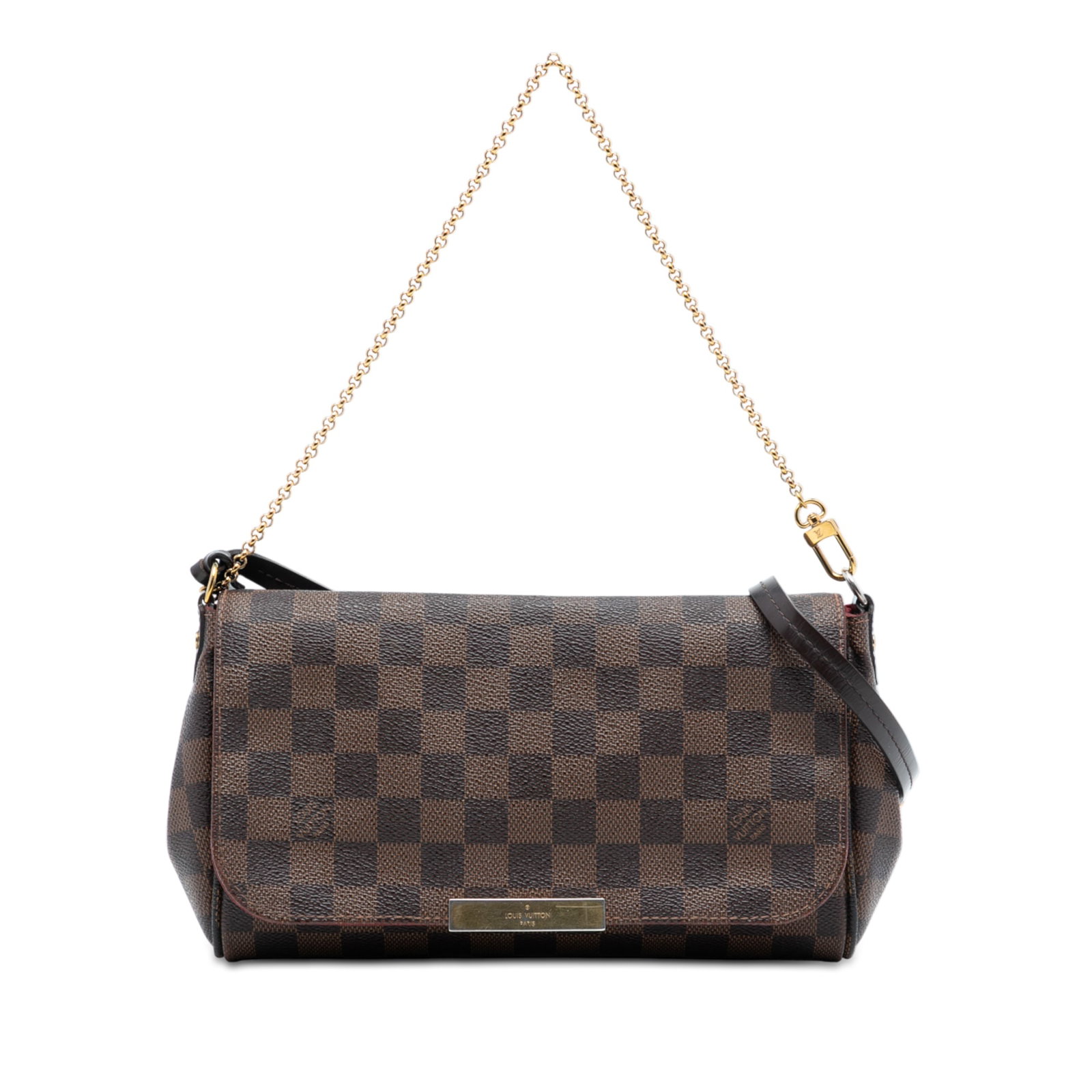 Louis Vuitton Favorite MM Brown Damier Ebene Canvas Shoulder Bag: Louis Vuitton Favorite MM Brown Damier Ebene Canvas Shoulder Bag This Louis Vuitton Damier Ebene Favorite MM features a damier ebene canvas body in brown, complemented by a gold-tone chain strap and a