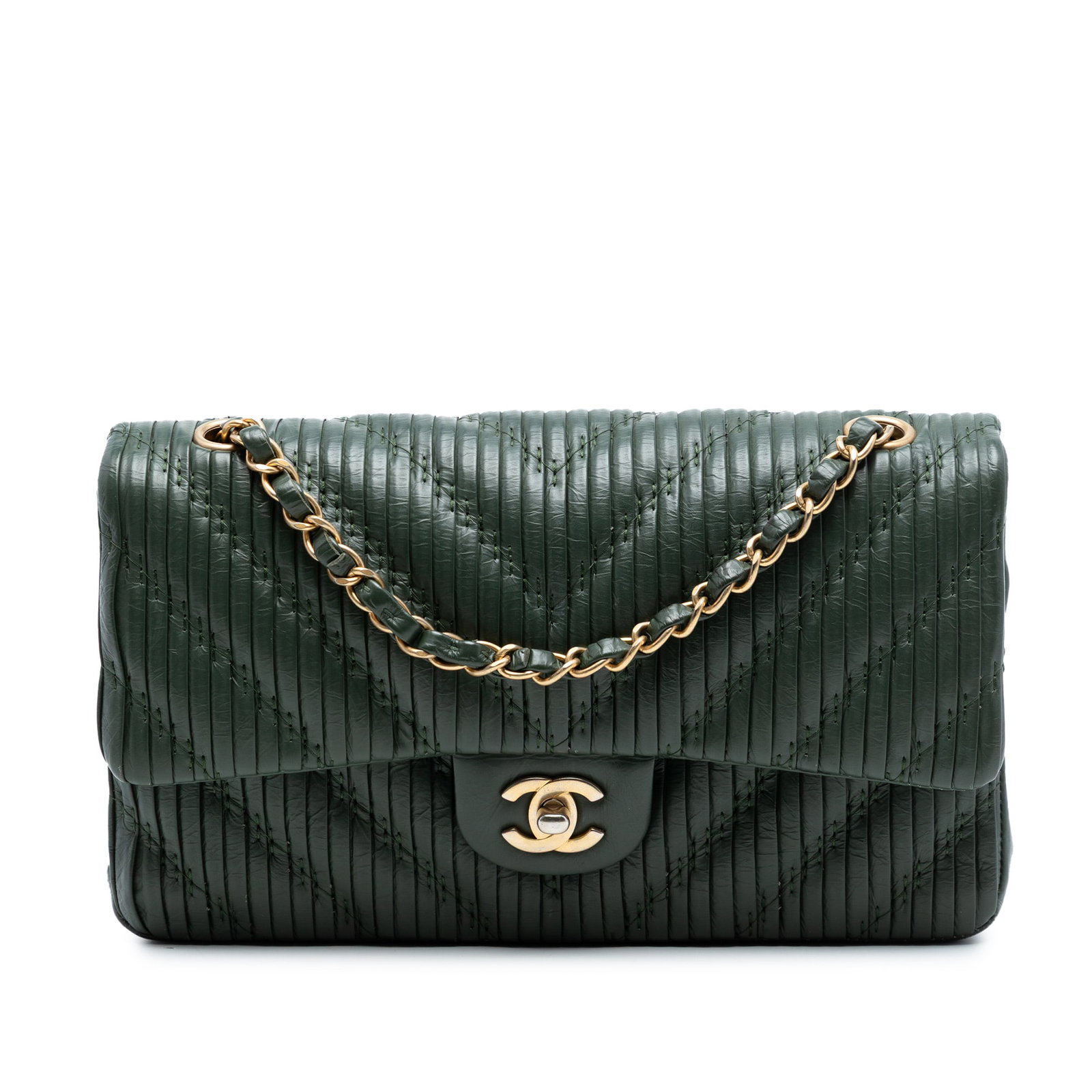 Chanel green calfskin flap shoulder bag Medium Classic Chevron (1 of 8)