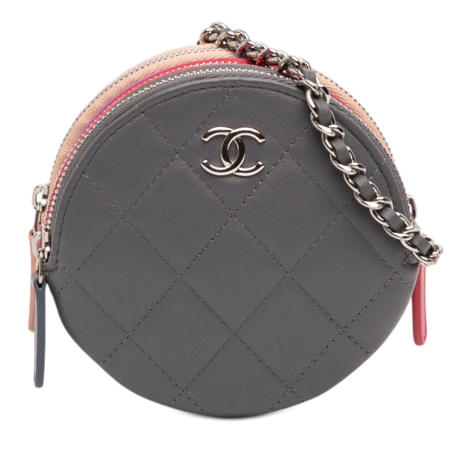 Chanel Lambskin Quilted Triple Zip Crossbody Round Bag with Chain: Chanel Lambskin Quilted Triple Zip Crossbody Round Bag with Chain This Chanel CC Quilted Lambskin Triple Zip Round Clutch With Chain is crafted from quilted leather in a gray hue. It features a distin