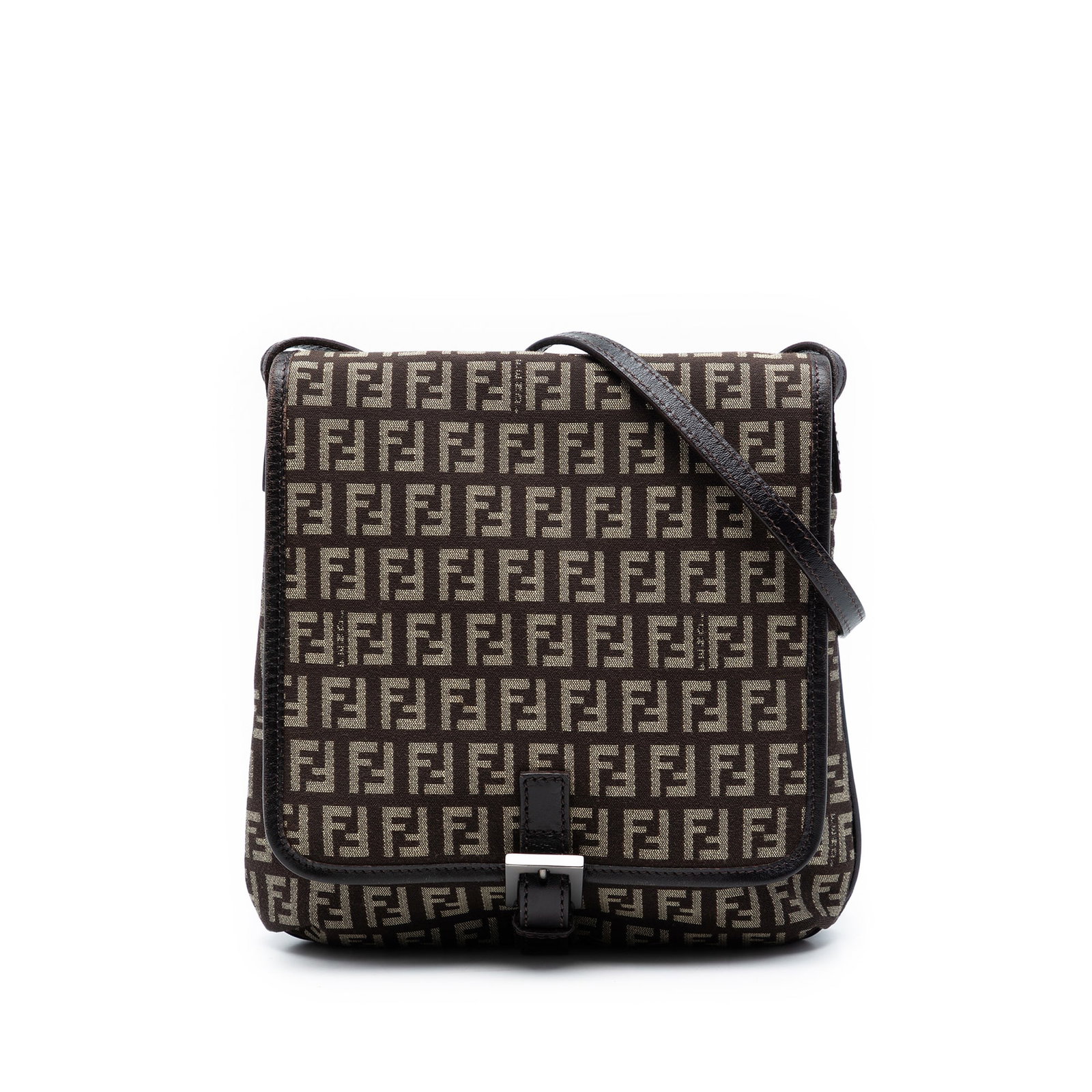 Fendi Zucchino Brown Canvas Crossbody Flap Bag: Fendi Zucchino Brown Canvas Crossbody Flap Bag This Fendi Zucchino Canvas Flap Crossbody bag features a brown fabric body with leather trim, an adjustable flat leather shoulder strap, and a front flap