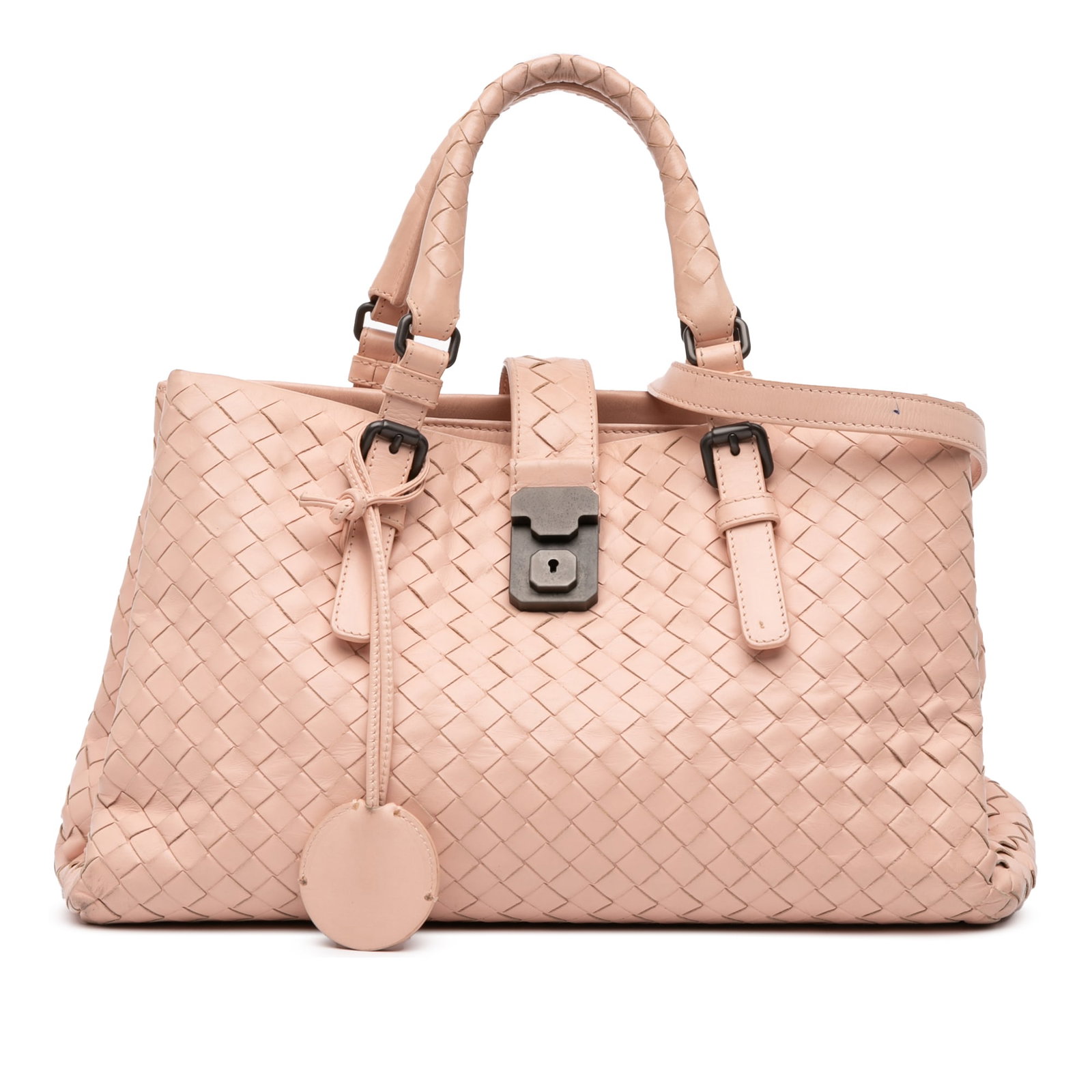 Bottega Veneta Small Nappa Intrecciato Roma Satchel Brown Leather: Bottega Veneta Small Nappa Intrecciato Roma Satchel Brown Leather This exquisite Small Nappa Intrecciato Roma Satchel by Bottega Veneta showcases a stunning woven nappa leather body, perfectly complem