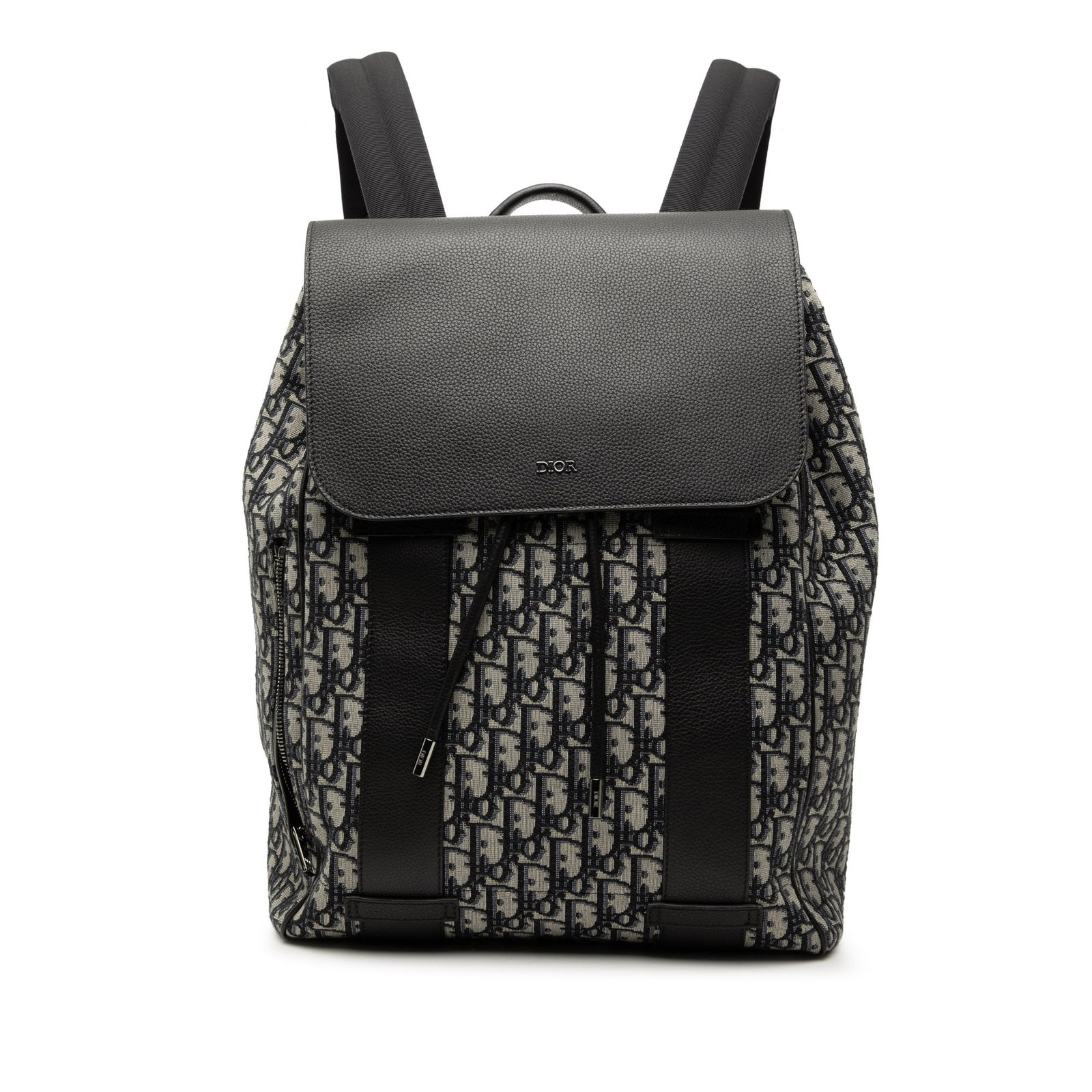 Dior Oblique blue canvas backpack with leather trim: Dior Oblique blue canvas backpack with leather trim This Dior Oblique Canvas Essential Backpack features a durable canvas body with elegant leather trim. It is designed with a flat top handle, adjusta