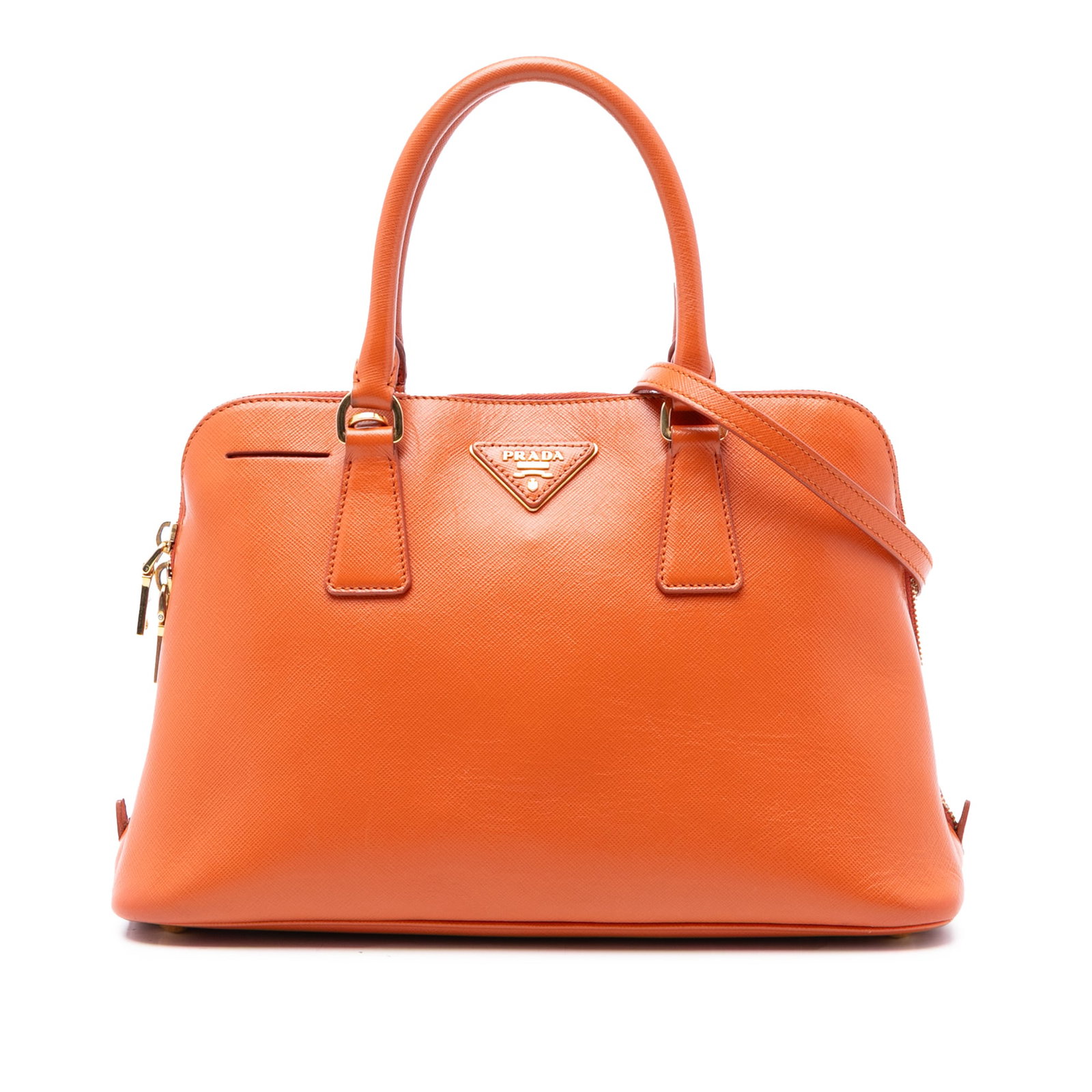 Prada orange saffiano leather Promenade satchel medium: Prada orange saffiano leather Promenade satchel medium This Prada Medium Saffiano Lux Promenade Satchel is crafted from saffiano leather in orange and features rolled leather top handles, a