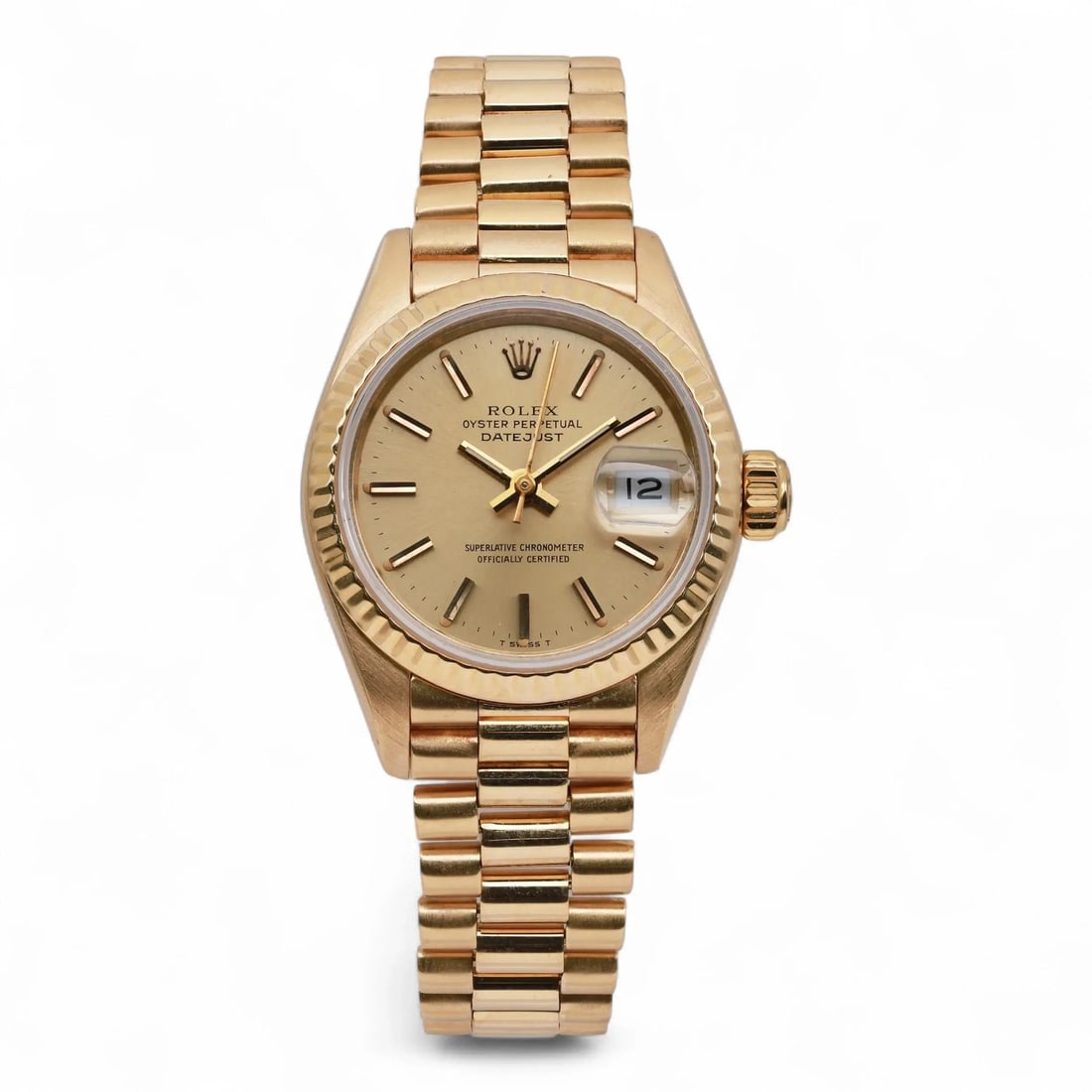 Rolex President Datejust 26mm 18K Yellow Gold Champagne Dial Watch 69178: Rolex President Datejust 26mm 18K Yellow Gold Champagne Dial Watch 69178 This Rolex President Datejust wristwatch features a 26mm polished yellow gold case, a champagne sunburst dial with stick
