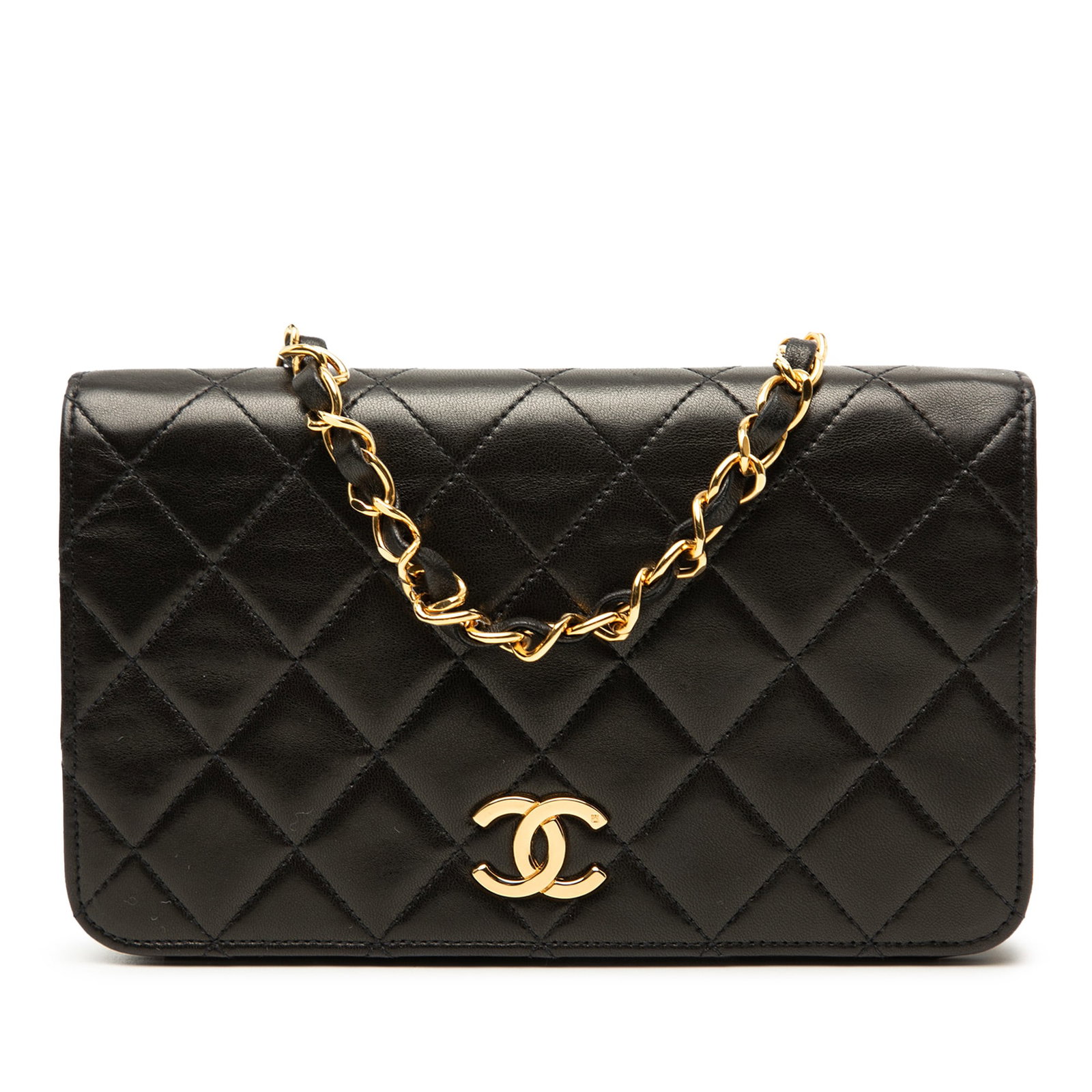 Chanel CC Quilted Lambskin Wallet Chain Crossbody Bag: Chanel CC Quilted Lambskin Wallet Chain Crossbody Bag This Chanel CC Quilted Lambskin Full Flap Wallet on Chain is crafted from quilted lambskin leather in black and features a leather-woven chain str