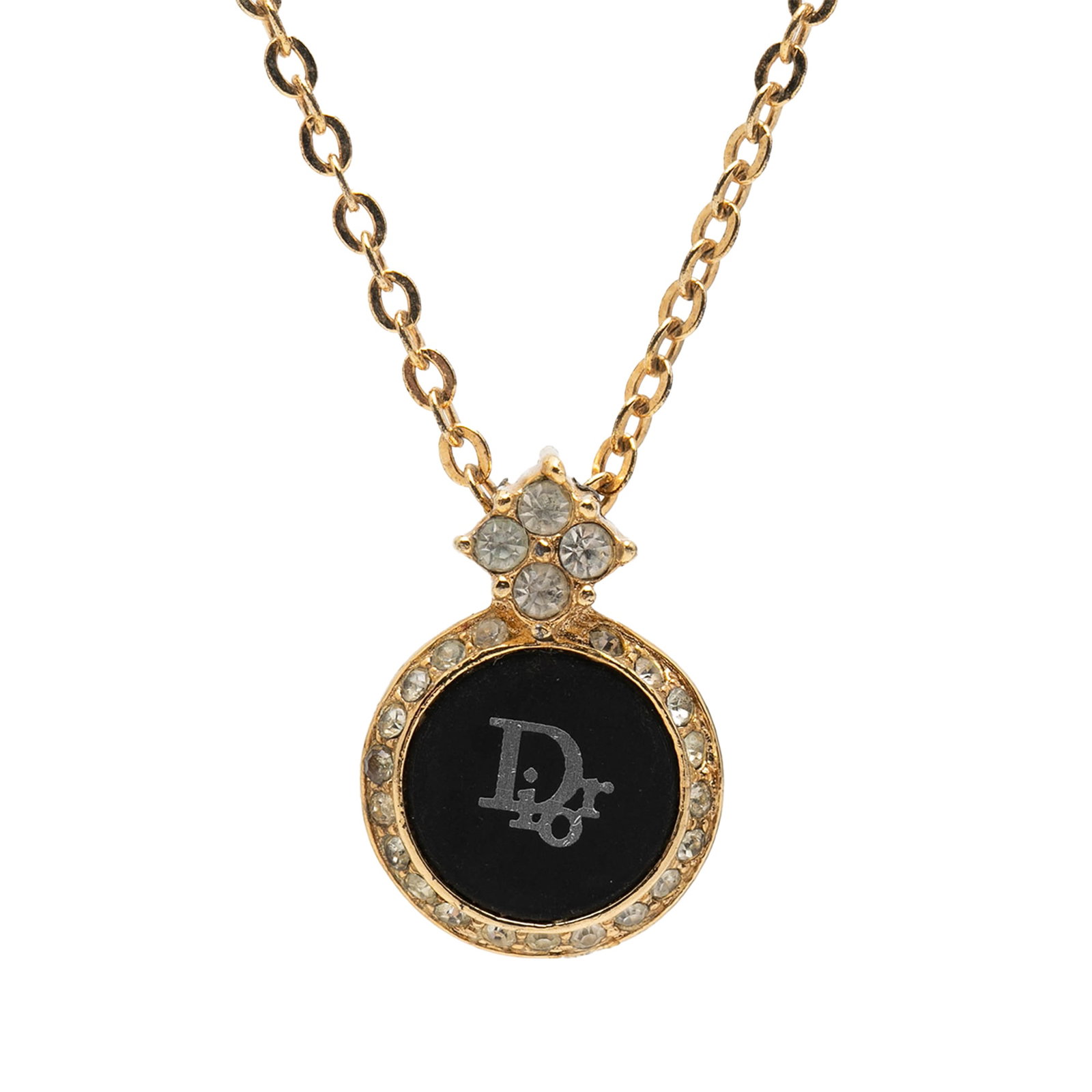 Dior logo pendant necklace gold plated enamel strass: Dior logo pendant necklace gold plated enamel strass This Dior necklace showcases a gold-tone metal construction with a distinctive logo pendant adorned with enamel and crystal accents. The piece feat