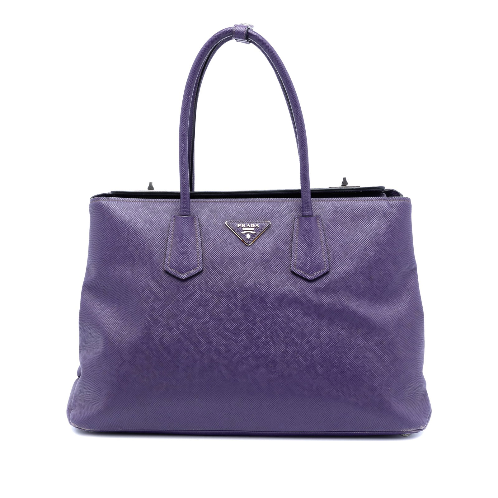 Prada Saffiano Leather Twin Handle Satchel with Turnlock Closure Purple: Prada Saffiano Leather Twin Handle Satchel with Turnlock Closure Purple This Prada Saffiano Cuir Turnlock Twin Satchel showcases a sophisticated purple saffiano leather body with rolled leather handle
