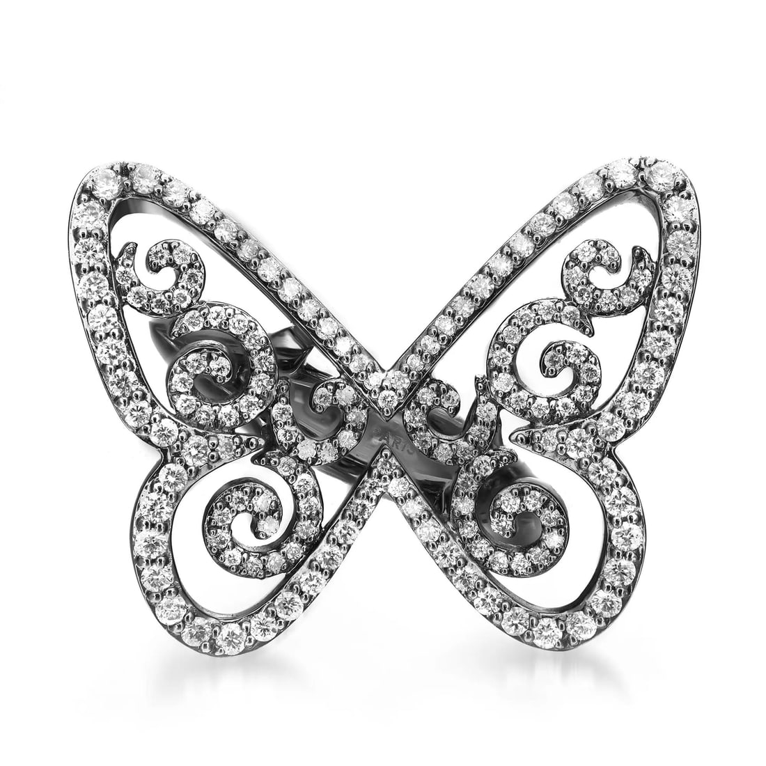 Messika Butterfly Arabesque Diamond Ring 18K Blackened White Gold 0.78ct G VS2: Messika Butterfly Arabesque Diamond Ring 18K Blackened White Gold 0.78ct G VS2 Introducing the stunning Messika Butterfly Arabesque Diamond Ring, a luxurious cocktail piece that showcases exceptional 