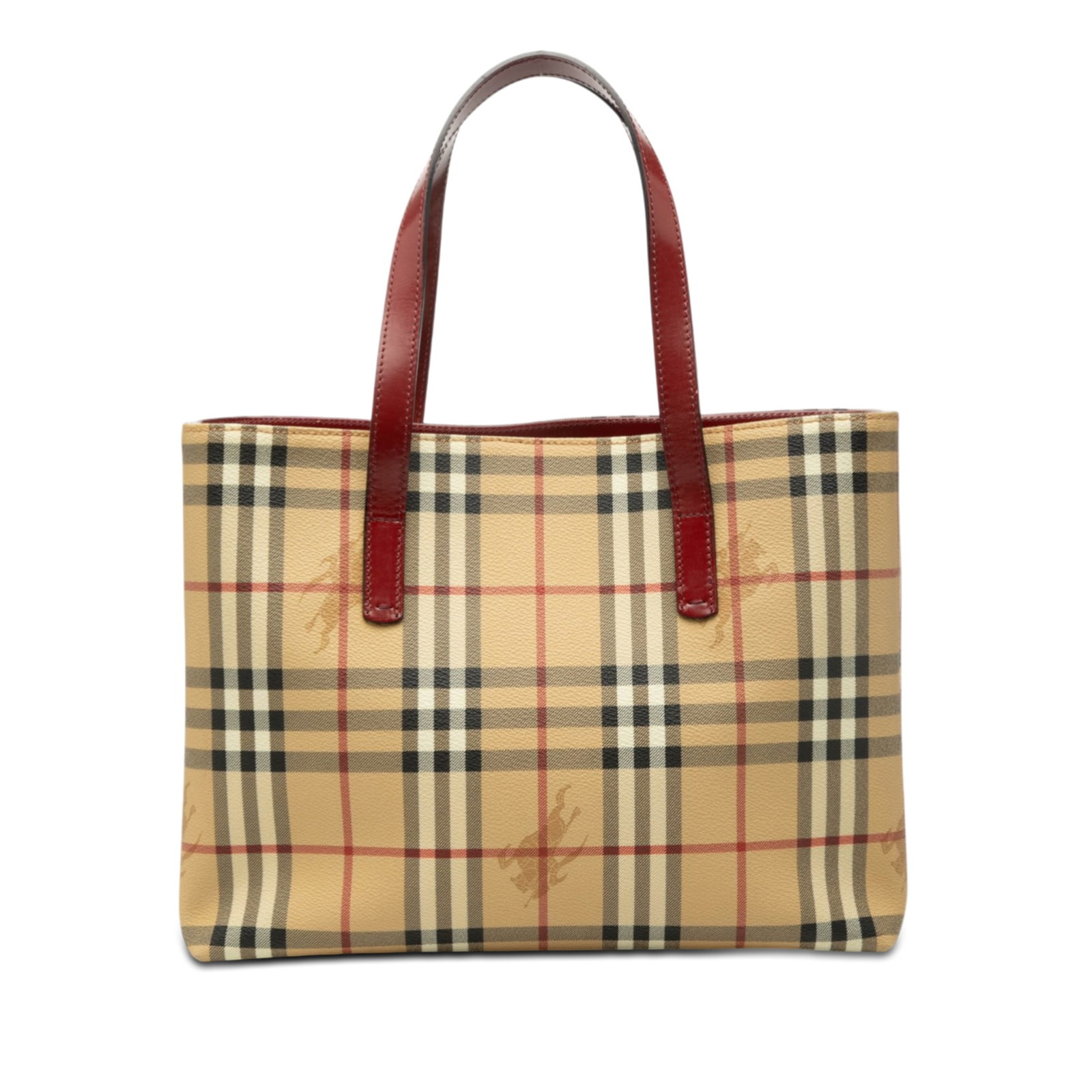 Burberry Haymarket Check Beige Coated Canvas Tote Bag with Leather Straps: Burberry Haymarket Check Beige Coated Canvas Tote Bag with Leather Straps This Burberry Haymarket Check Coated Canvas Tote features a coated canvas body with signature Haymarket check pattern, flat le