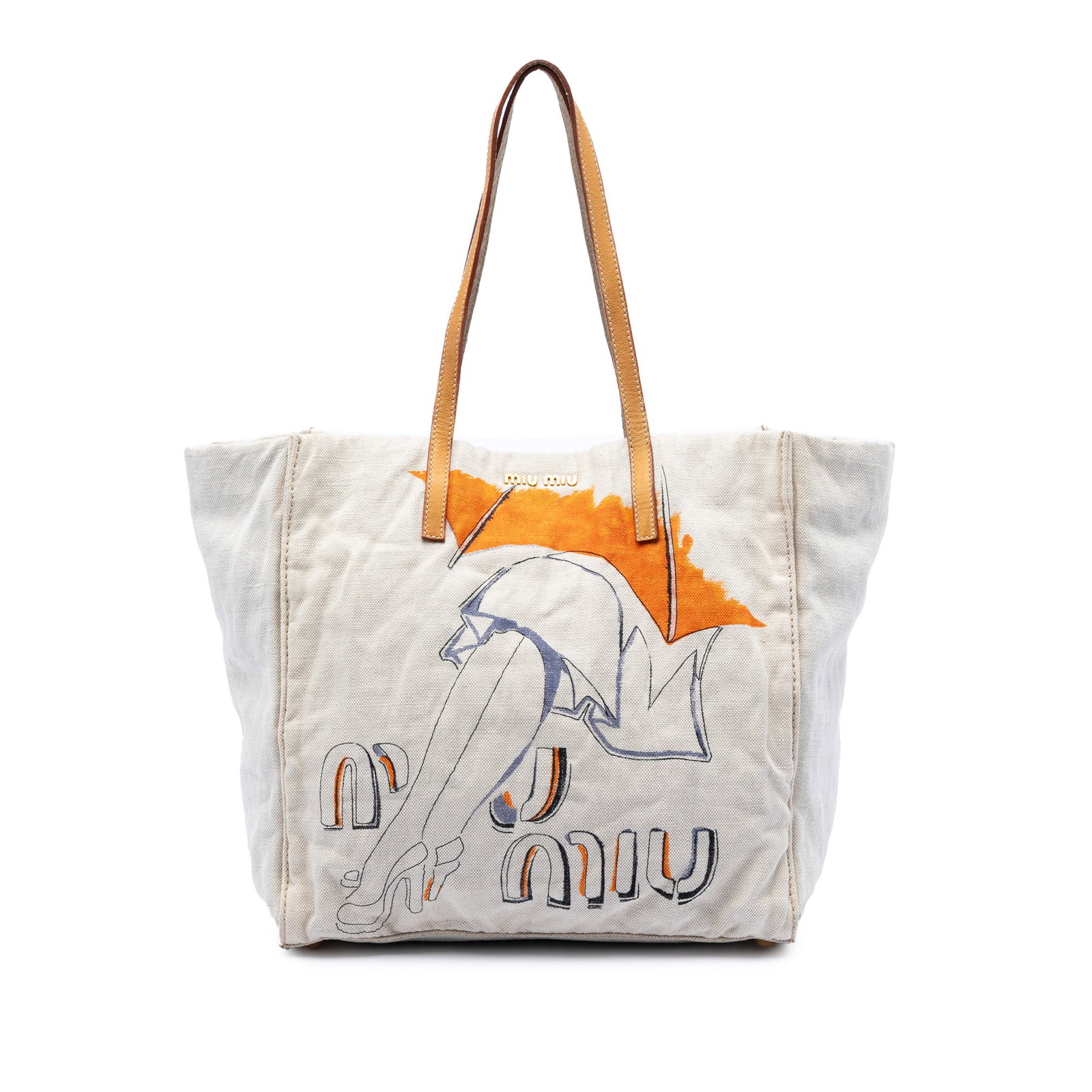 Miu Miu White Canvas Tote with Leather Straps: Miu Miu White Canvas Tote with Leather Straps This Miu Miu tote showcases a printed canvas body complemented by flat leather straps. The bag features an open top with a snap closure and is equipped wi