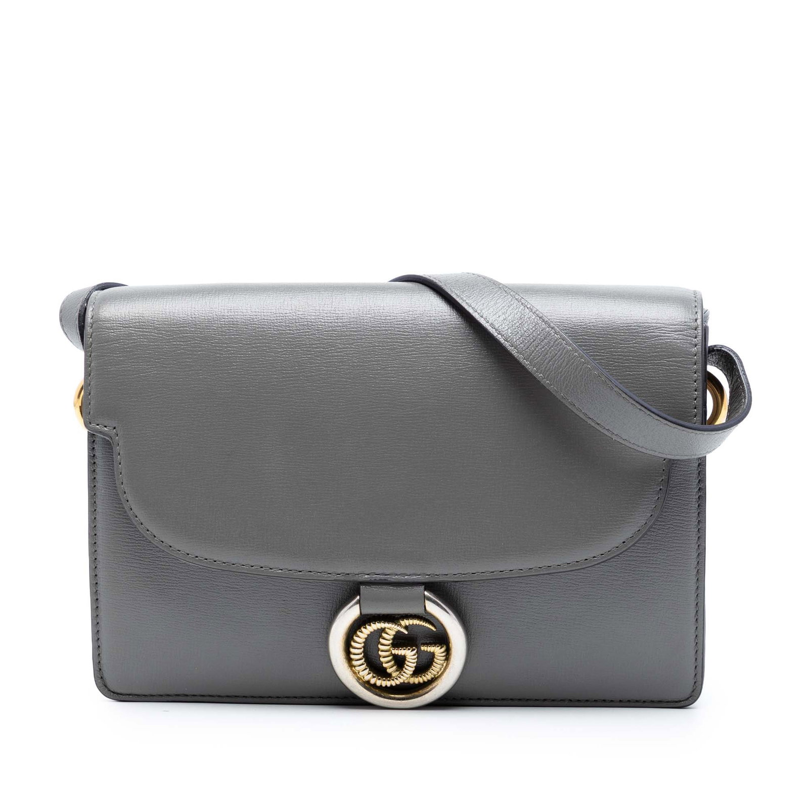 Gucci gray calfskin crossbody bag GG ring torchon: Gucci gray calfskin crossbody bag GG ring torchon This Gucci Small Textured Calfskin GG Ring Torchon Crossbody bag is crafted from leather and features a front flap with a magnetic snap closure, an ad