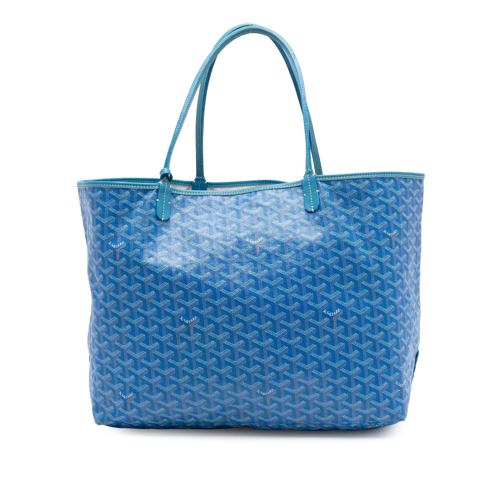 Goyard Saint Louis GM Blue Tote with Coated Canvas and Leather Trim: Goyard Saint Louis GM Blue Tote with Coated Canvas and Leather Trim The Goyardine Saint Louis GM is a spacious tote crafted from coated canvas with leather trim. It features flat leather handles, an o