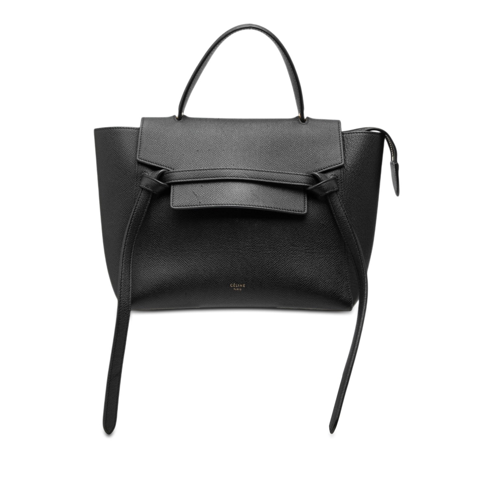 Celine black leather Micro Grained Calfskin belt bag: Celine black leather Micro Grained Calfskin belt bag This Celine Micro Grained Calfskin Belt Bag is crafted from black leather and features a structured silhouette with a flat leather handle, a top fl