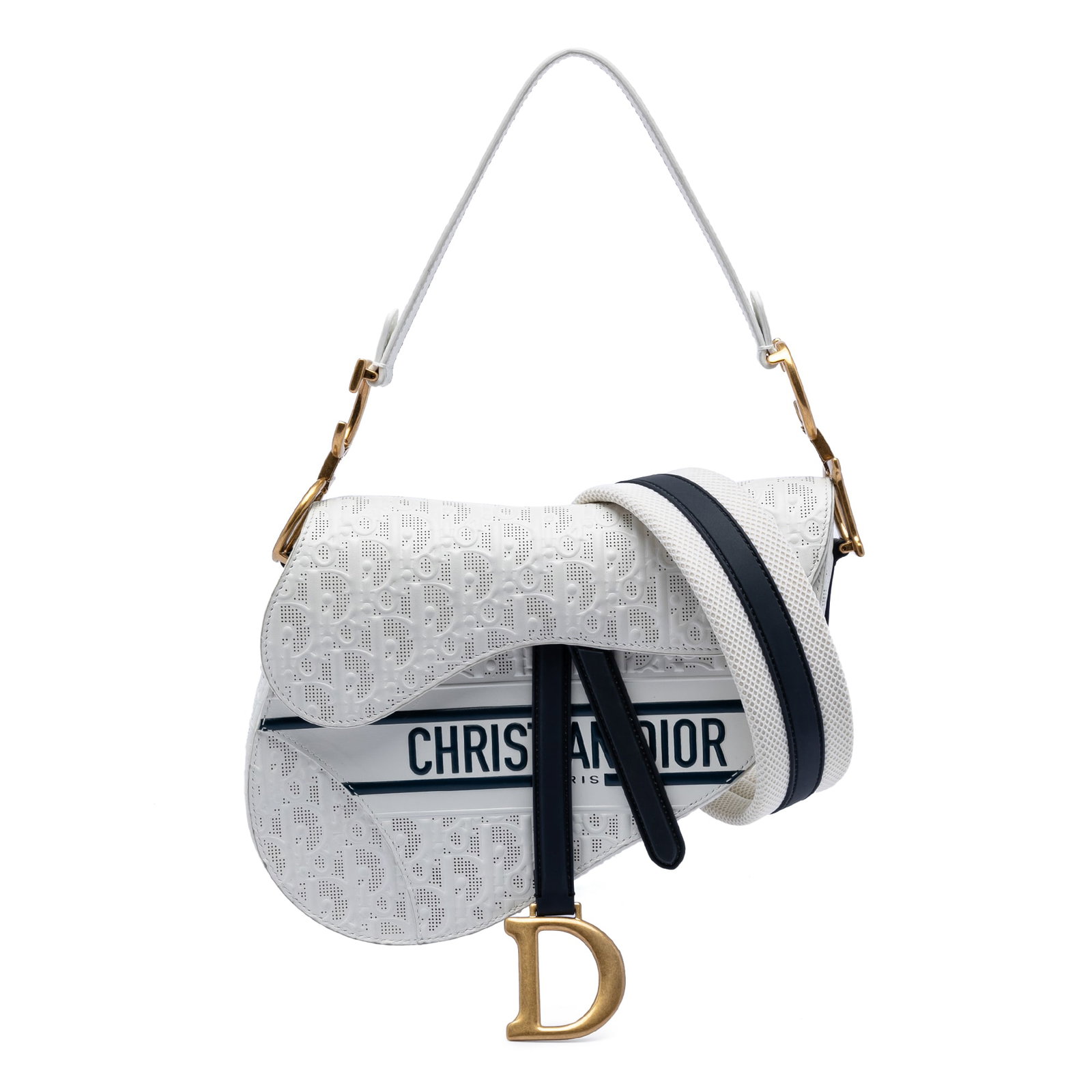 Dior White Perforated Oblique Calfskin Saddle Bag (1 of 7)
