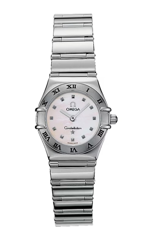 Ladies Omega Constellation MOP Dial Steel Bracelet Ref 1561.71.00 Card 2003: Ladies Omega Constellation MOP Dial Steel Bracelet Ref 1561.71.00 Card 2003 This Omega Constellation wristwatch for ladies features a mother-of-pearl dial and a fixed bezel with Roman numerals. The wa
