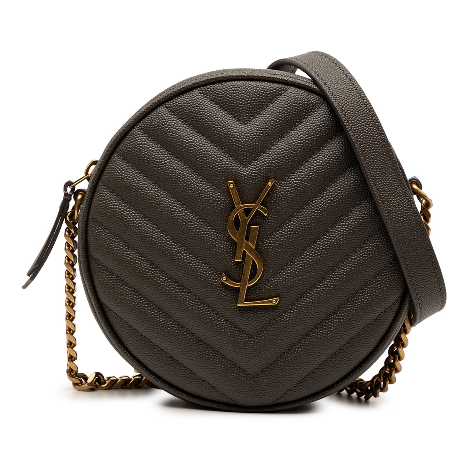 Saint Laurent Chevron Round Camera Bag Grained Leather Gray: Saint Laurent Chevron Round Camera Bag Grained Leather Gray This Saint Laurent Grain De Poudre Chevron Round Vinyle Camera Bag is crafted from grained quilted leather in a stylish gray hue. It feature
