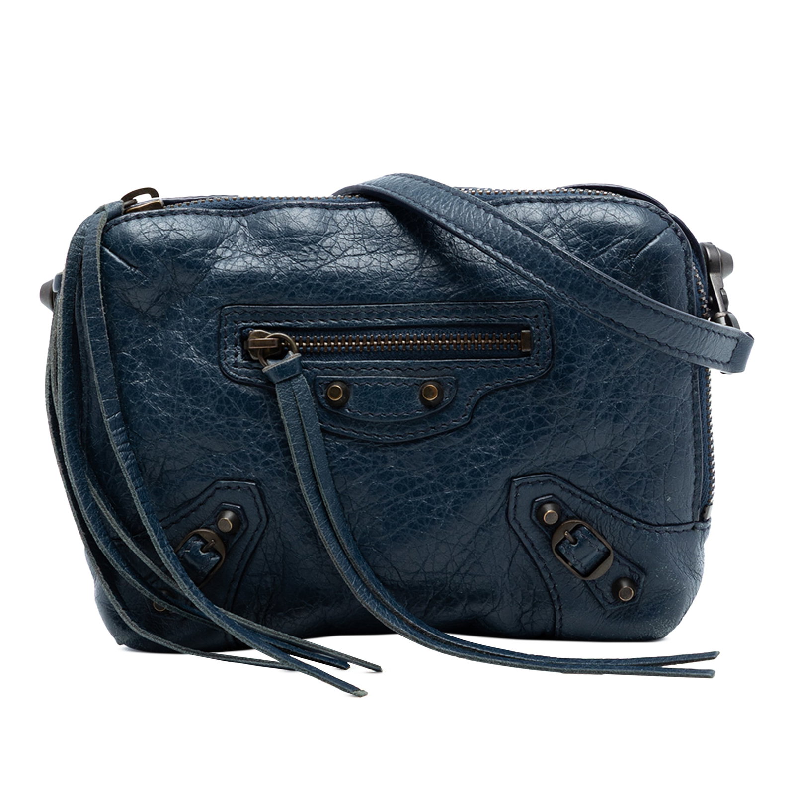 Balenciaga Classic Reporter XS Blue Lambskin Leather Crossbody Bag: Balenciaga Classic Reporter XS Blue Lambskin Leather Crossbody Bag This Balenciaga Motocross Classic Reporter XS crossbody bag is crafted from lambskin leather in blue and features a flat leather stra