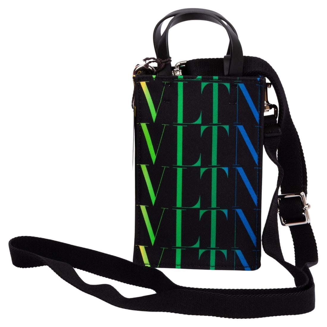 Valentino Black Leather Crossbody Bag with Adjustable Strap: Valentino Black Leather Crossbody Bag with Adjustable Strap This Valentino crossbody bag is a stylish accessory crafted from high-quality leather, featuring a unique logo print that transitions from g