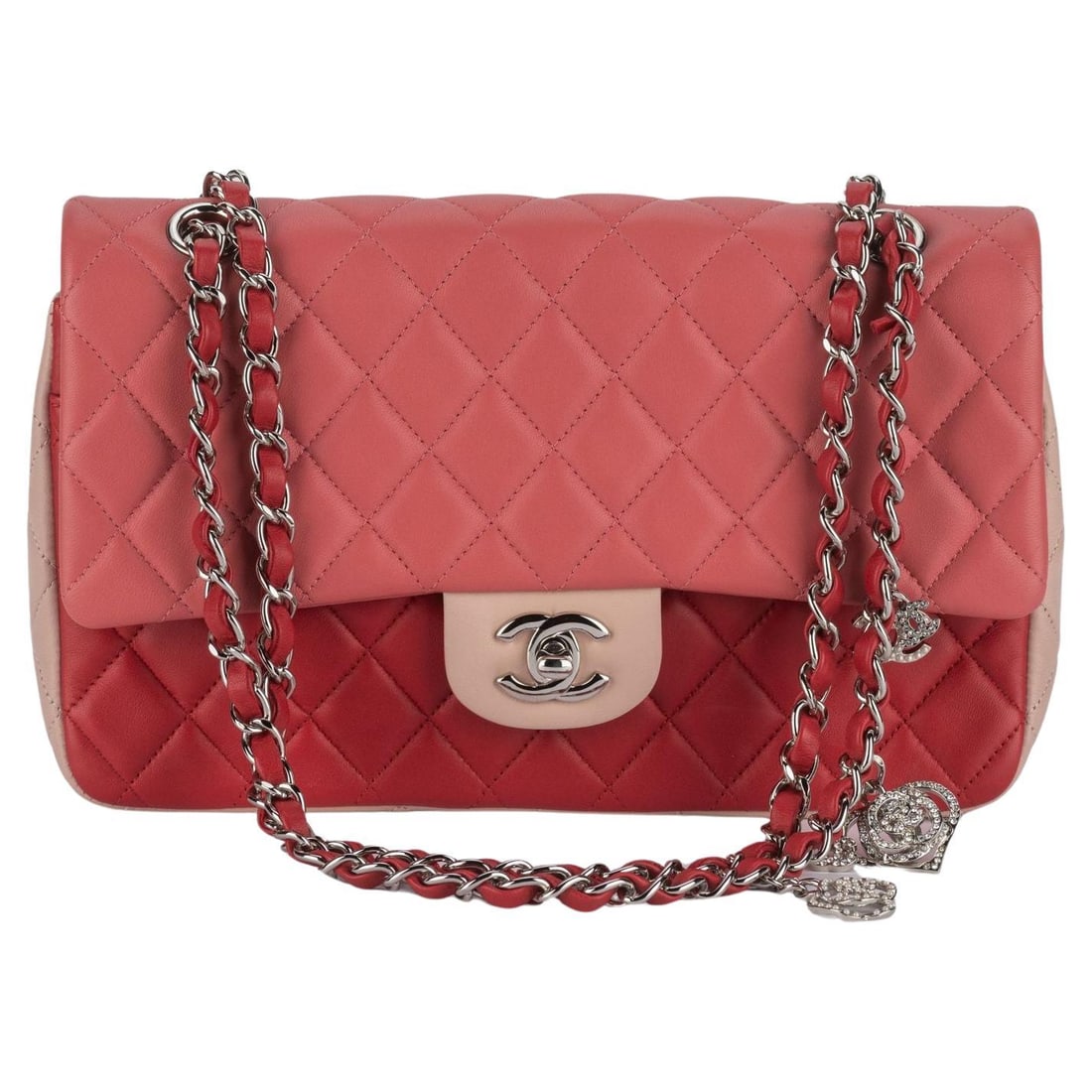 Chanel Med Valentine Tri-Color Flap Bag with Charms: Chanel Med Valentine Tri-Color Flap Bag with Charms Discover the elegance of this Chanel Med Valentine Single Flap Bag, crafted in Italy during the 21st Century. This medium classic flap bag features 