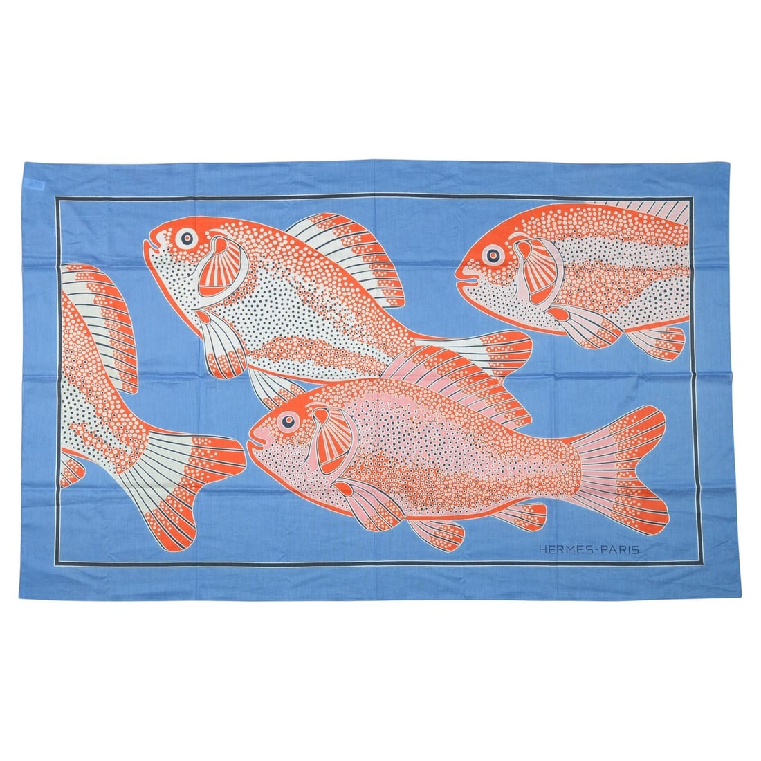 Hermes Poissons Blue and Orange Cotton Beach Sarong with Fish Motif: Hermes Poissons Blue and Orange Cotton Beach Sarong with Fish Motif Hermes "Poissons" beach sarong features a vibrant blue and orange fish motif, crafted from 100% cotton. This luxurious towel offers 