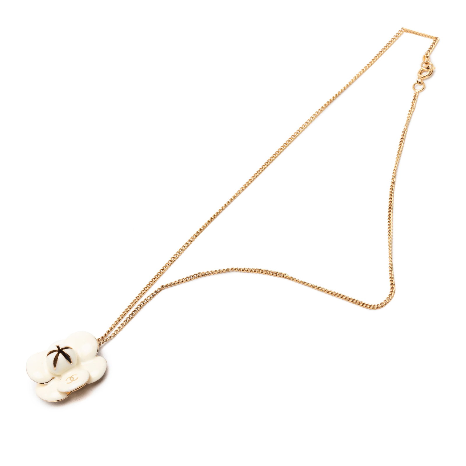 Chanel white enamel camellia pendant necklace gold tone chain: Chanel white enamel camellia pendant necklace gold tone chain This Chanel necklace features a gold-tone chain with a white enamel Camellia pendant and a spring ring closure. The necklace is categorize