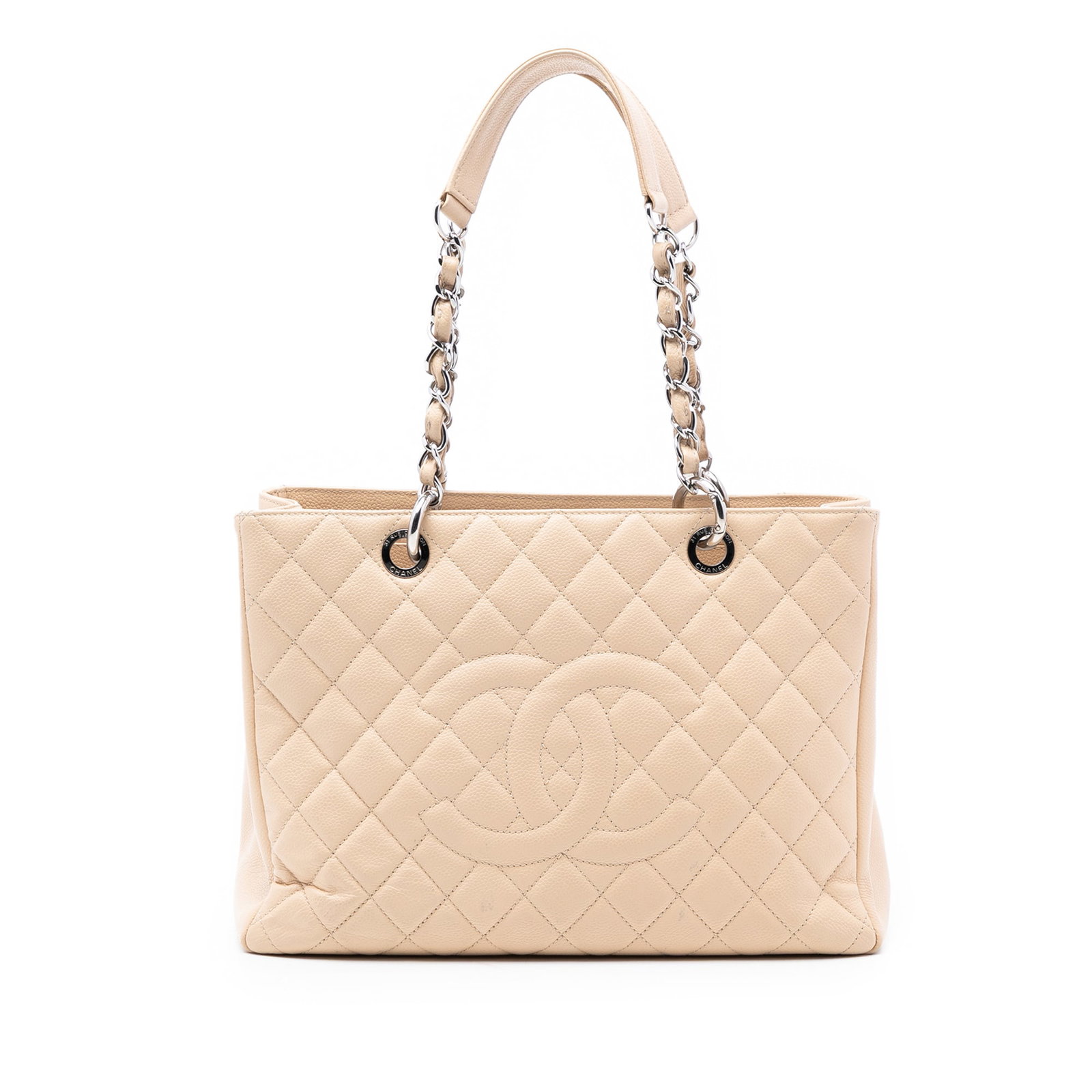 Brown Caviar Leather Grand Shopping Tote by Chanel Quilted Shoulder Bag: Brown Caviar Leather Grand Shopping Tote by Chanel Quilted Shoulder Bag This Chanel Caviar Grand Shopping Tote features a quilted caviar leather body in brown, leather-woven chain shoulder straps, an 