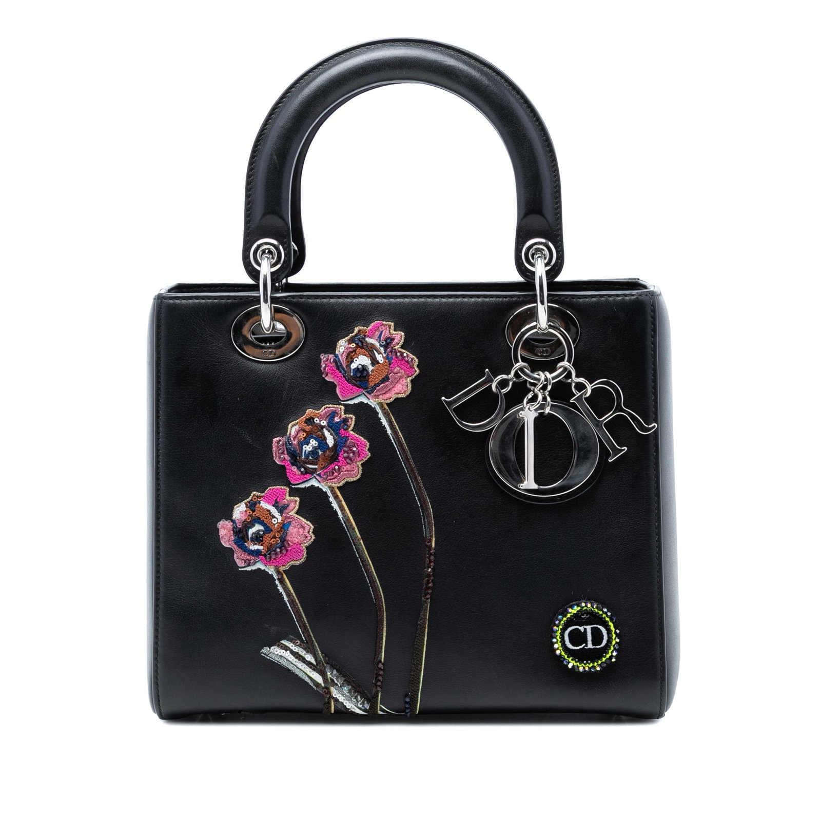 Dior Lady Dior black embroidered leather satchel medium (1 of 7)