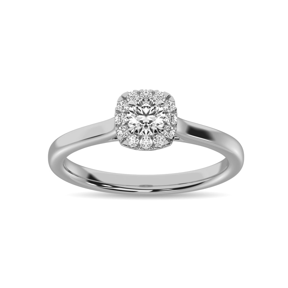 Diamond 3/8 Ct.Tw. Round Cushion Center Halo Engagement Ring in 10K White Gold: Diamond 3/8 Ct.Tw. Round Cushion Center Halo Engagement Ring in 10K White Gold 10k White Gold Stone Color: G-h Stone Clarity: I1 Each ring is presented in standard size 6.5. Complimentary resizing is 