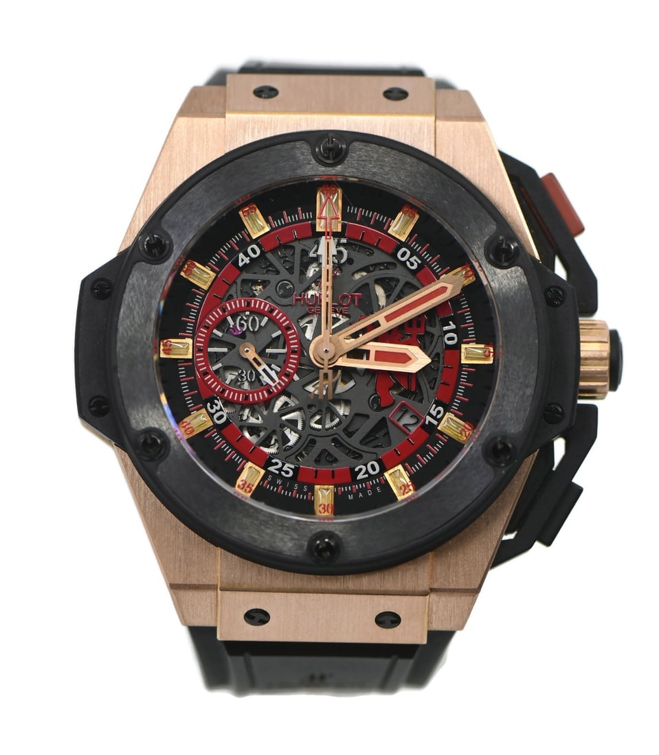 King Power Manchester 18K Rose Gold Men's Watch Ref 716.OM.1129.RX.MAN11: King Power Manchester 18K Rose Gold Men's Watch Ref 716.OM.1129.RX.MAN11 The Hublot King Power Red Devil Manchester is a men's wristwatch featuring a 48 mm case crafted from 18K rose gold. This analog