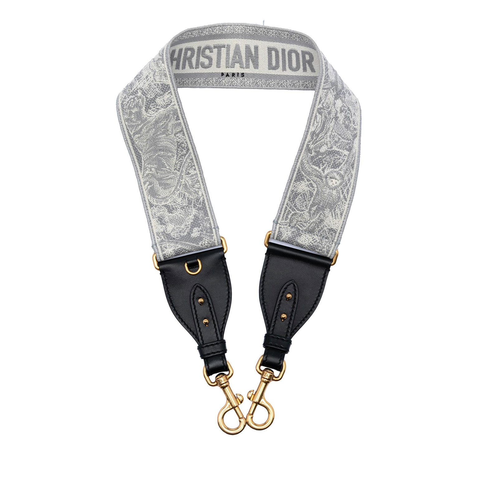 Shoulder Strap in Gray Embroidered Canvas with Gold Tone Clasps by Dior: Shoulder Strap in Gray Embroidered Canvas with Gold Tone Clasps by Dior This Dior shoulder strap features a canvas body with embroidered details in a Toile de Jouy pattern and is equipped with gold to