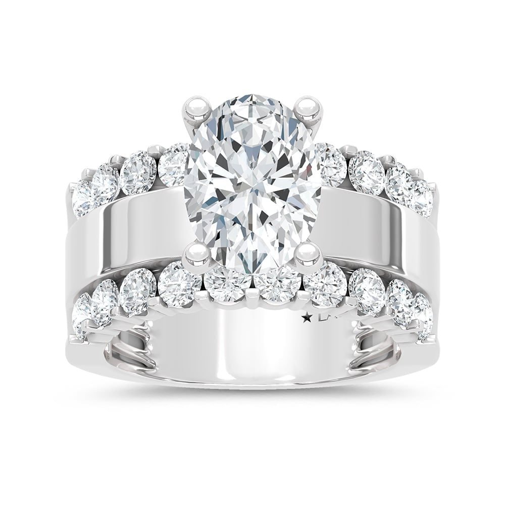 14K White Gold 4 1/2 Ct.Tw. Lab Grown Diamond Oval Shape Machine Ring (IGI Certified Center 3ct): 14K White Gold 4 1/2 Ct.Tw. Lab Grown Diamond Oval Shape Machine Ring (IGI Certified Center 3ct) 14k White Gold Stone Color: D-f Stone Clarity: Vs Each ring is presented in standard size 6.5. Complime