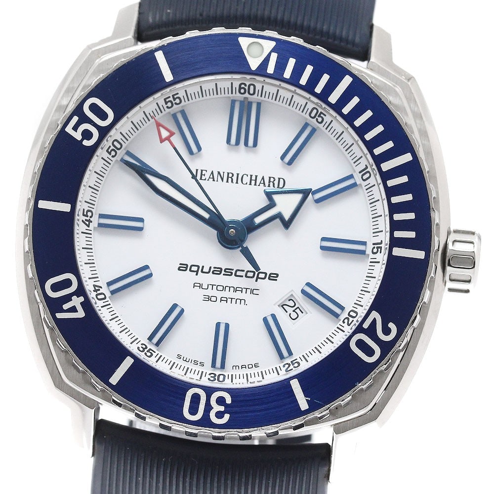 JEANRICHARD Aquascope Automatic Date Men's Wristwatch: JEANRICHARD Aquascope Automatic Date Men's Wristwatch This JEANRICHARD Aquascope Date Automatic men's wristwatch features a stainless steel case paired with a white dial and a rubber strap. The watch 