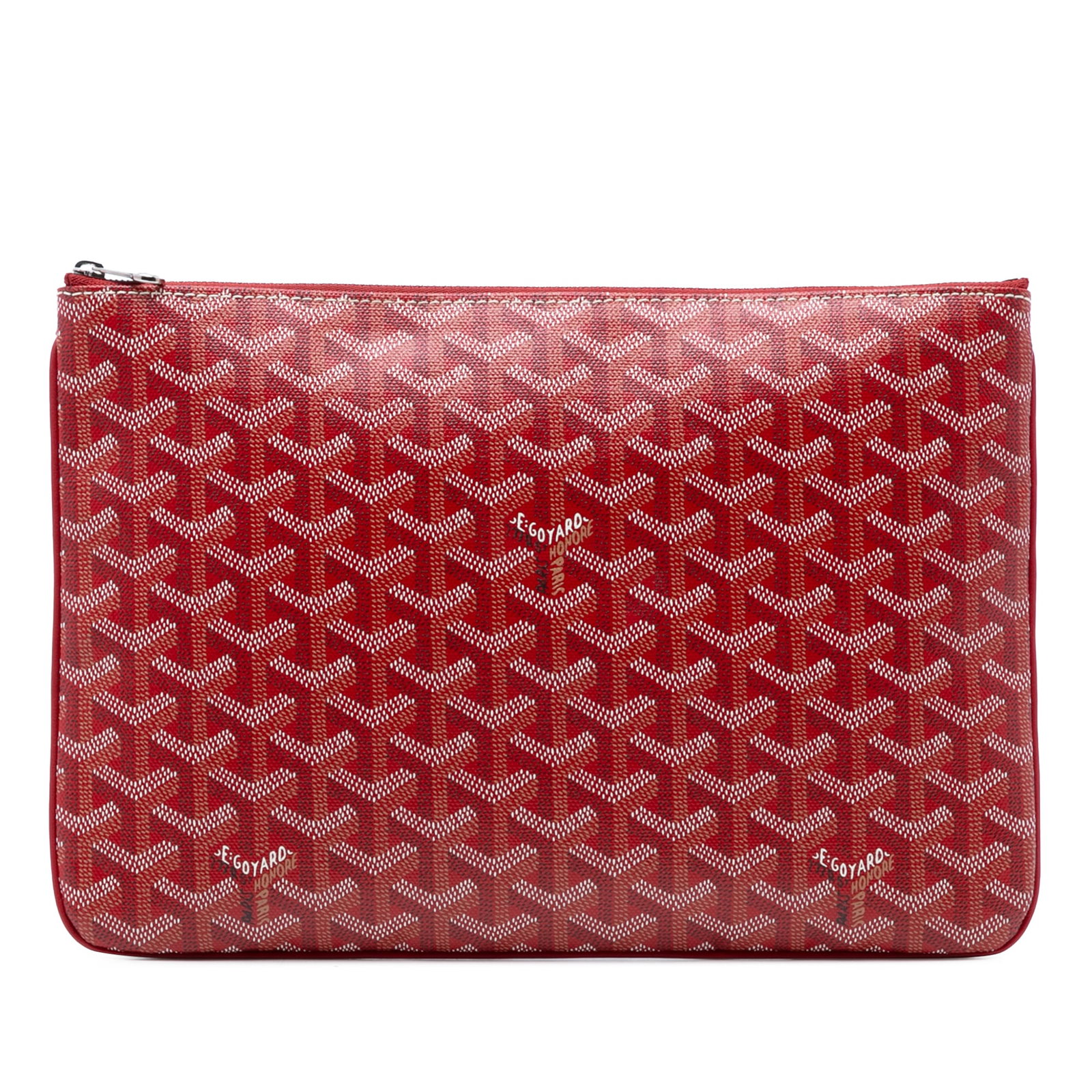 Goyard Senat MM Red Coated Canvas Zip Pouch: Goyard Senat MM Red Coated Canvas Zip Pouch The Goyardine Senat MM is crafted with a coated canvas body and features a top zip closure. This bag comes in red and is made in France. Please note, the ex