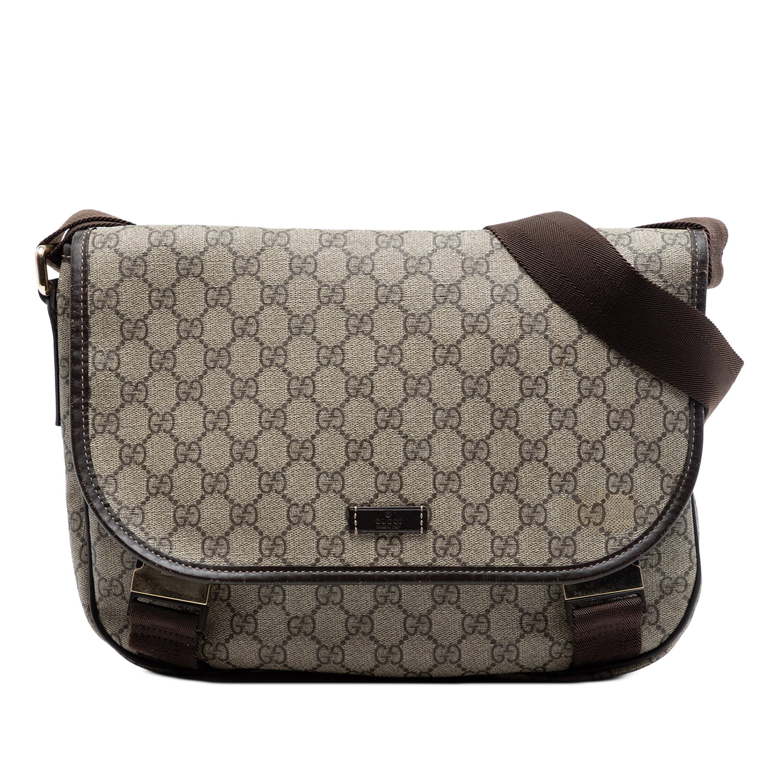 GG Supreme Beige Crossbody Bag with Leather Trim and Adjustable Strap: GG Supreme Beige Crossbody Bag with Leather Trim and Adjustable Strap This Gucci GG Supreme Crossbody bag is crafted from coated canvas with leather trim and features an adjustable flat canvas strap. 