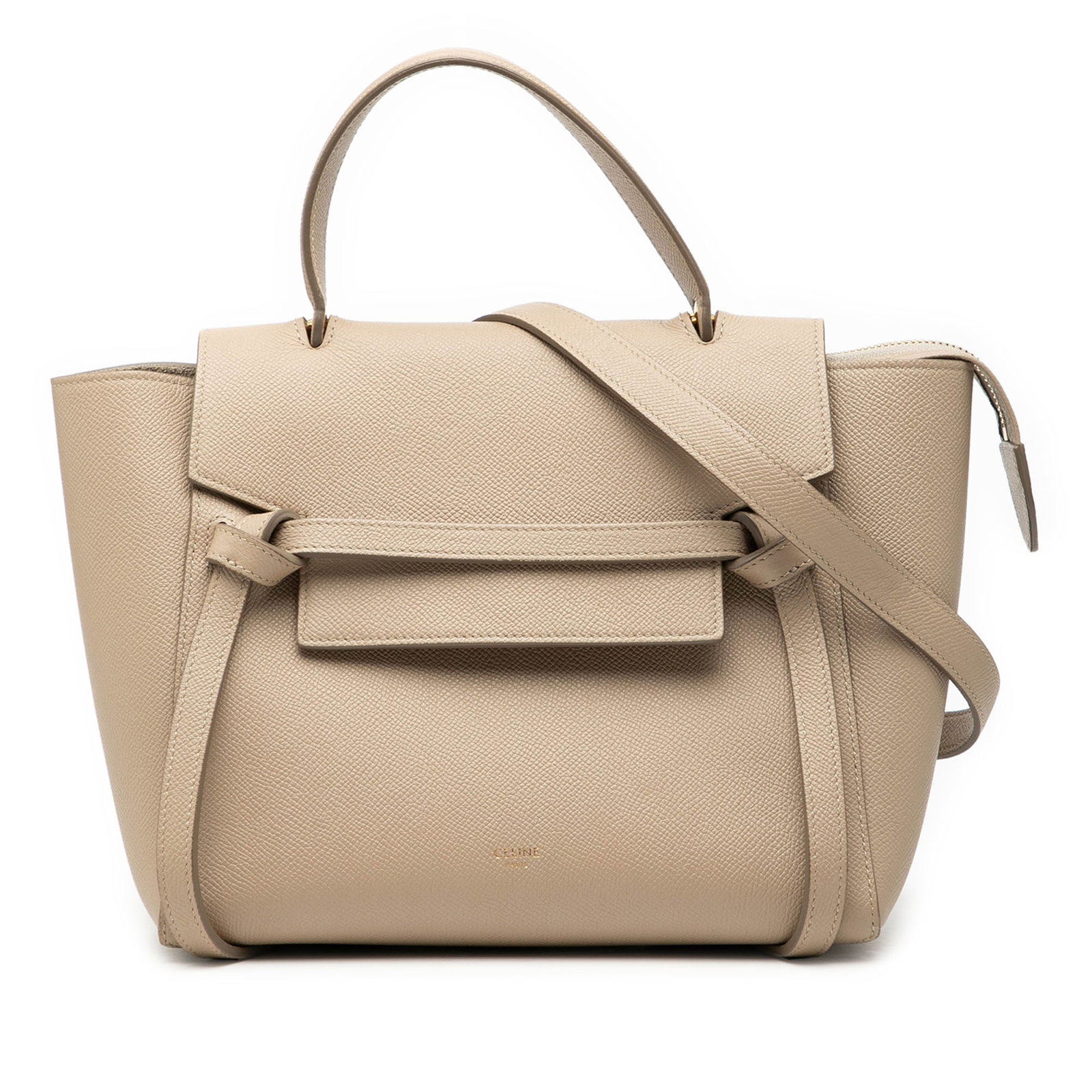 Celine beige leather belt bag with detachable strap: Celine beige leather belt bag with detachable strap This Celine Micro Grained Calfskin Belt Bag is crafted from beige leather and features a flat leather handle, a detachable leather strap, a top flap