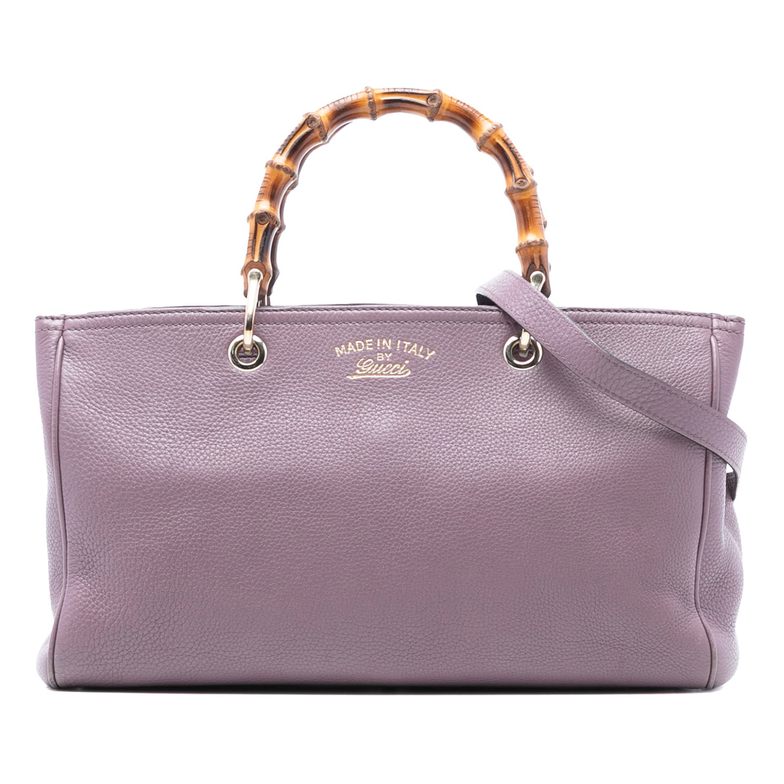 Gucci Bamboo Shopper Medium Purple Leather Satchel with Strap: Gucci Bamboo Shopper Medium Purple Leather Satchel with Strap This satchel features a leather body with signature bamboo handles, a detachable leather strap, an open top with magnetic closure, an inte