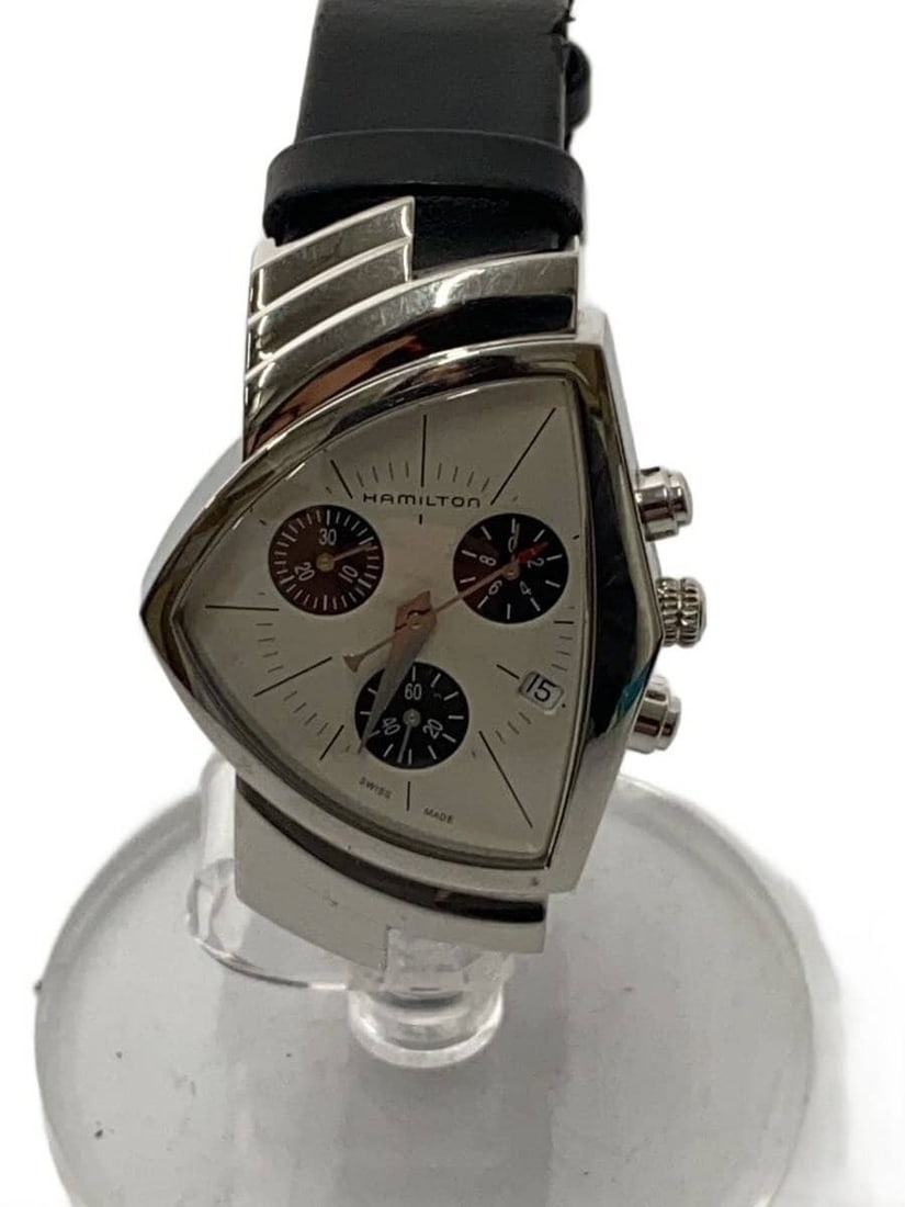 Hamilton Ventura Quartz Chronograph Men's White Leather Watch: Hamilton Ventura Quartz Chronograph Men's White Leather Watch This Hamilton Ventura chronograph date quartz men's wristwatch features a white leather band and a distinctive case design. Sourced and ma