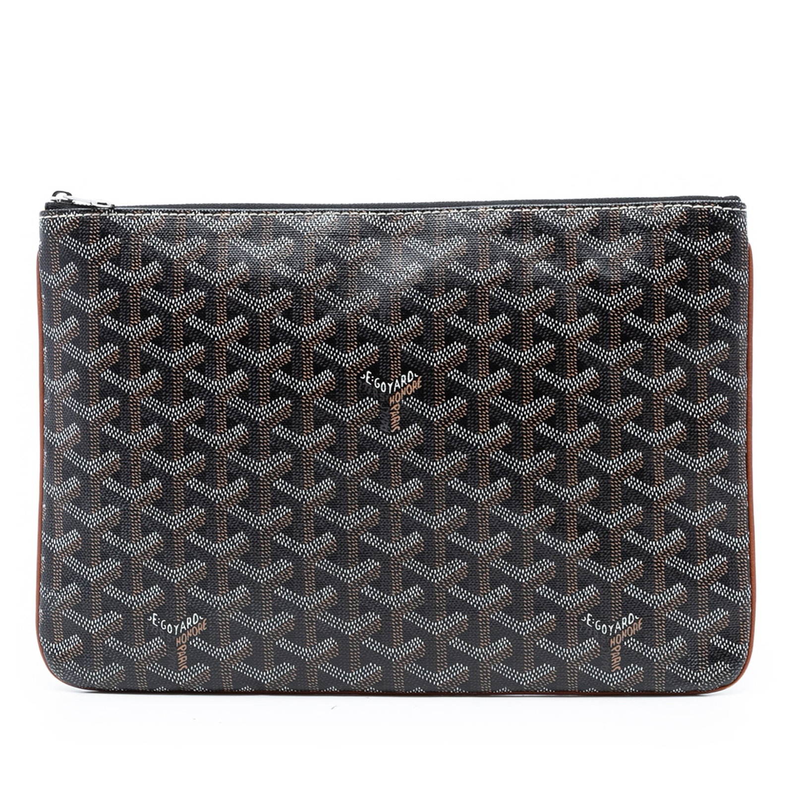 Goyard Senat MM coated canvas zip pouch: Goyard Senat MM coated canvas zip pouch The Goyardine Senat MM is a stylish pouch crafted from coated canvas in black. It features a top zip closure and an interior slip pocket for convenient organiza
