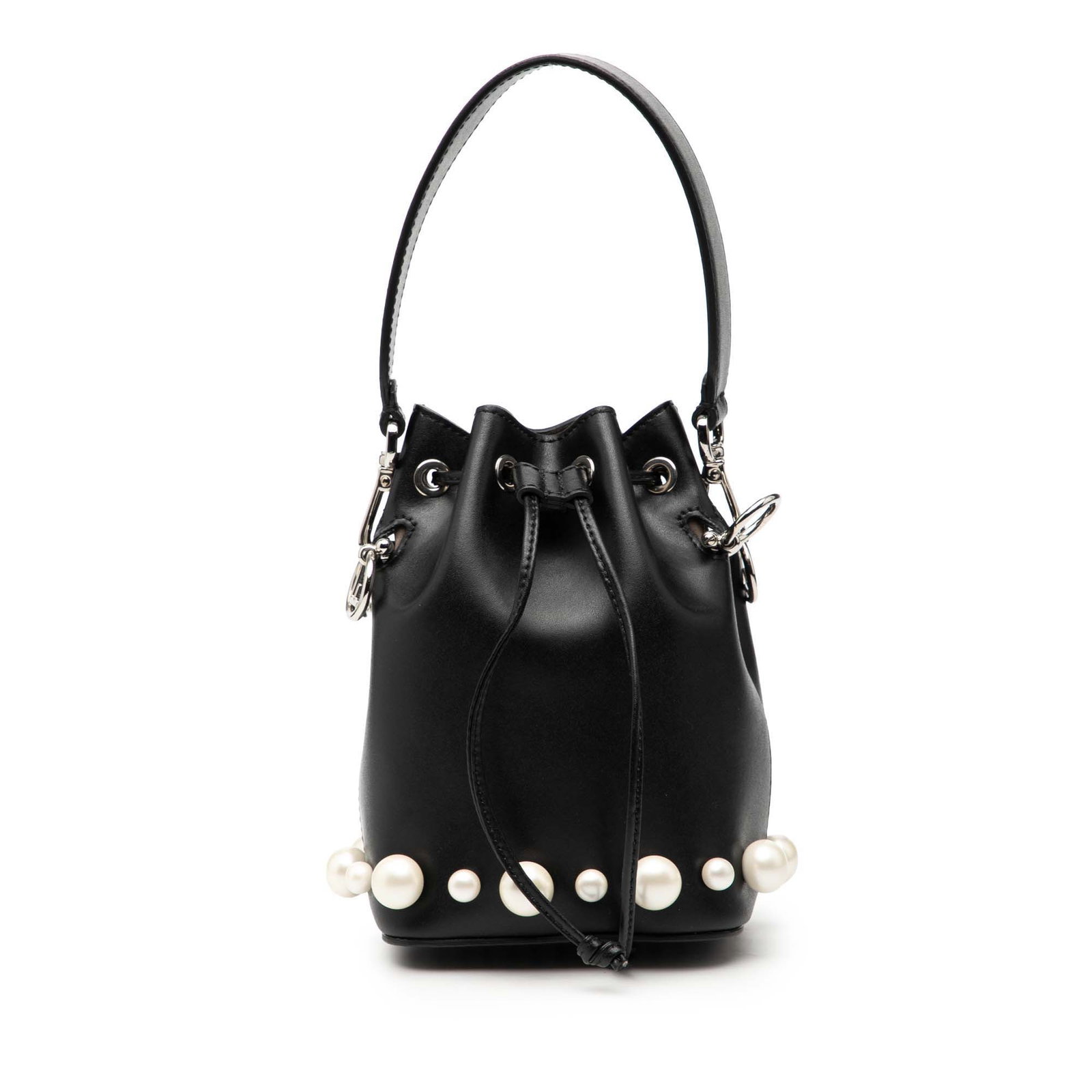 Fendi Mon Tresor Mini Black Leather Bucket Bag with Faux Pearl Embellishments: Fendi Mon Tresor Mini Black Leather Bucket Bag with Faux Pearl Embellishments This Fendi Mini Leather Pearl Mon Tresor Bucket Bag features a black leather body adorned with faux pearl embellishments. 