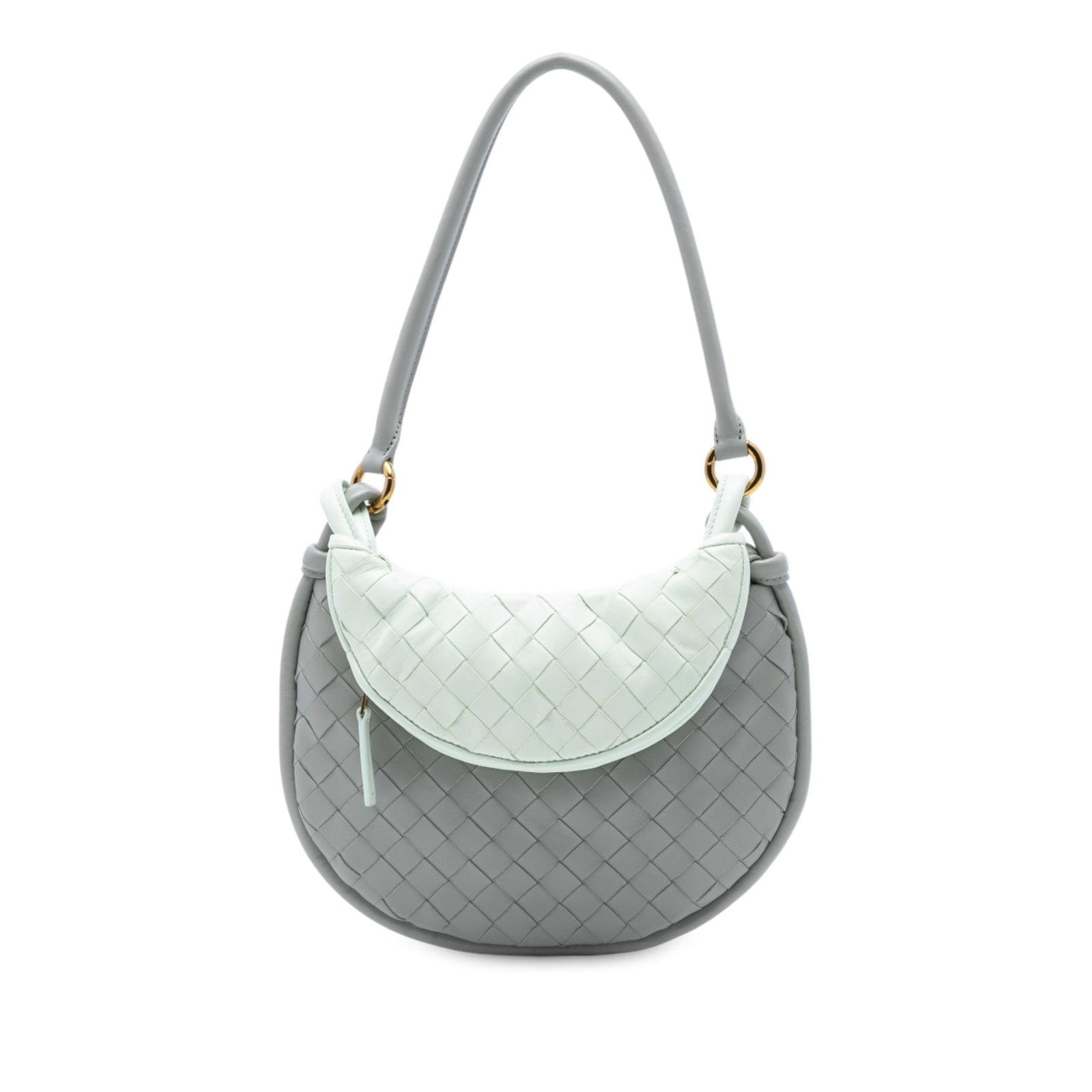 Small Intrecciato Gemelli Bicolor Lambskin Shoulder Bag by Bottega Veneta: Small Intrecciato Gemelli Bicolor Lambskin Shoulder Bag by Bottega Veneta This Bottega Veneta Small Bicolor Gemelli bag features a woven lambskin leather exterior with a rolled shoulder strap, a top z