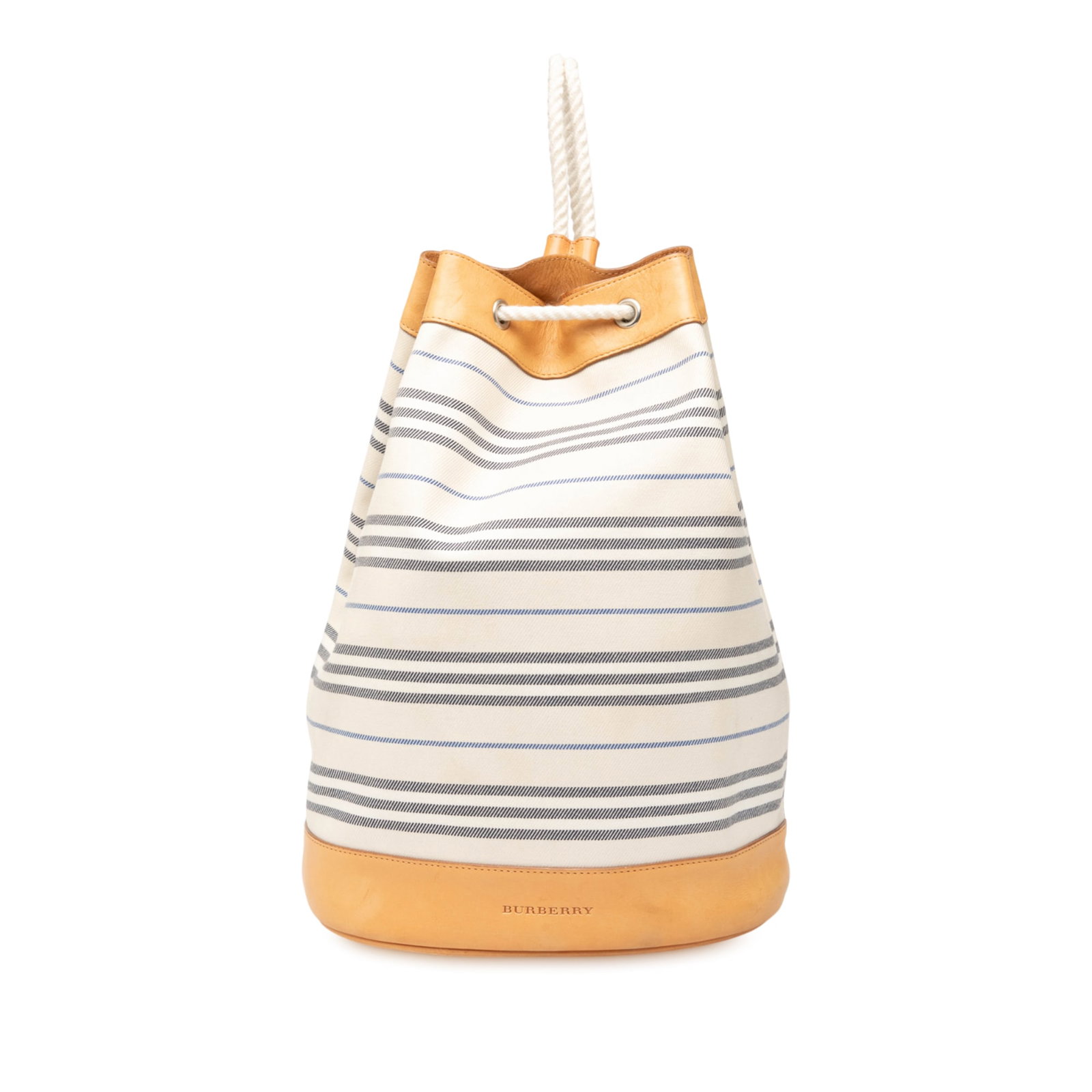 Burberry Canvas Backpack with Leather Trim and Drawstring Closure: Burberry Canvas Backpack with Leather Trim and Drawstring Closure This stylish Burberry canvas backpack is designed with a durable canvas body and elegant leather trim. It features comfortable rope st