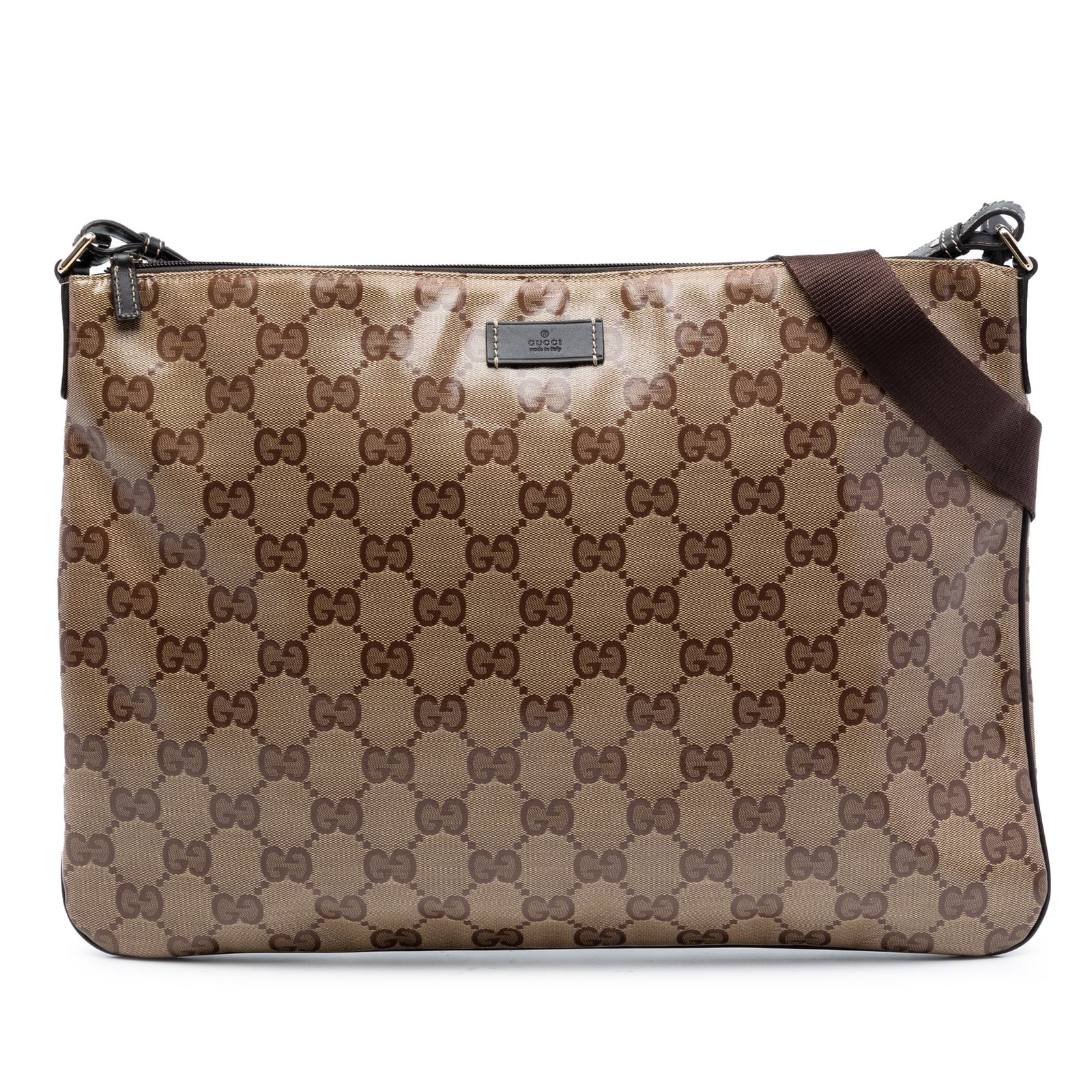 Beige GG Crystal Coated Canvas Crossbody Bag by Gucci: Beige GG Crystal Coated Canvas Crossbody Bag by Gucci This Gucci GG Crystal Crossbody bag features a coated canvas body with leather trim, an adjustable flat shoulder strap, a top zip closure, and an 