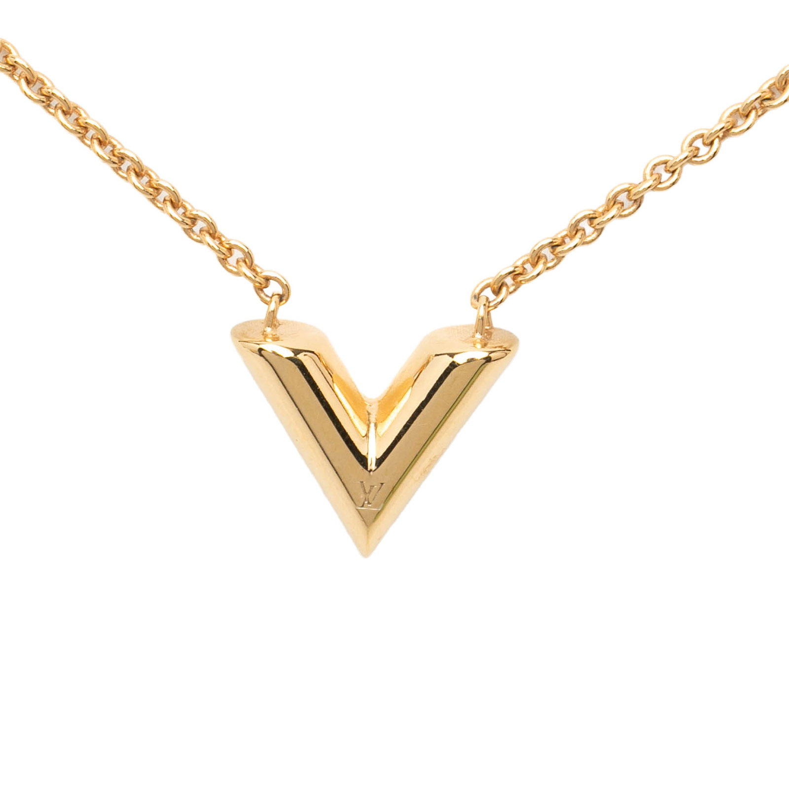 Louis Vuitton Essential V Pendant Necklace Gold Plated Metal 45cm: Louis Vuitton Essential V Pendant Necklace Gold Plated Metal 45cm This Louis Vuitton Essential V Necklace showcases a gold-plated metal construction with a signature V pendant on a gold-tone curb chai